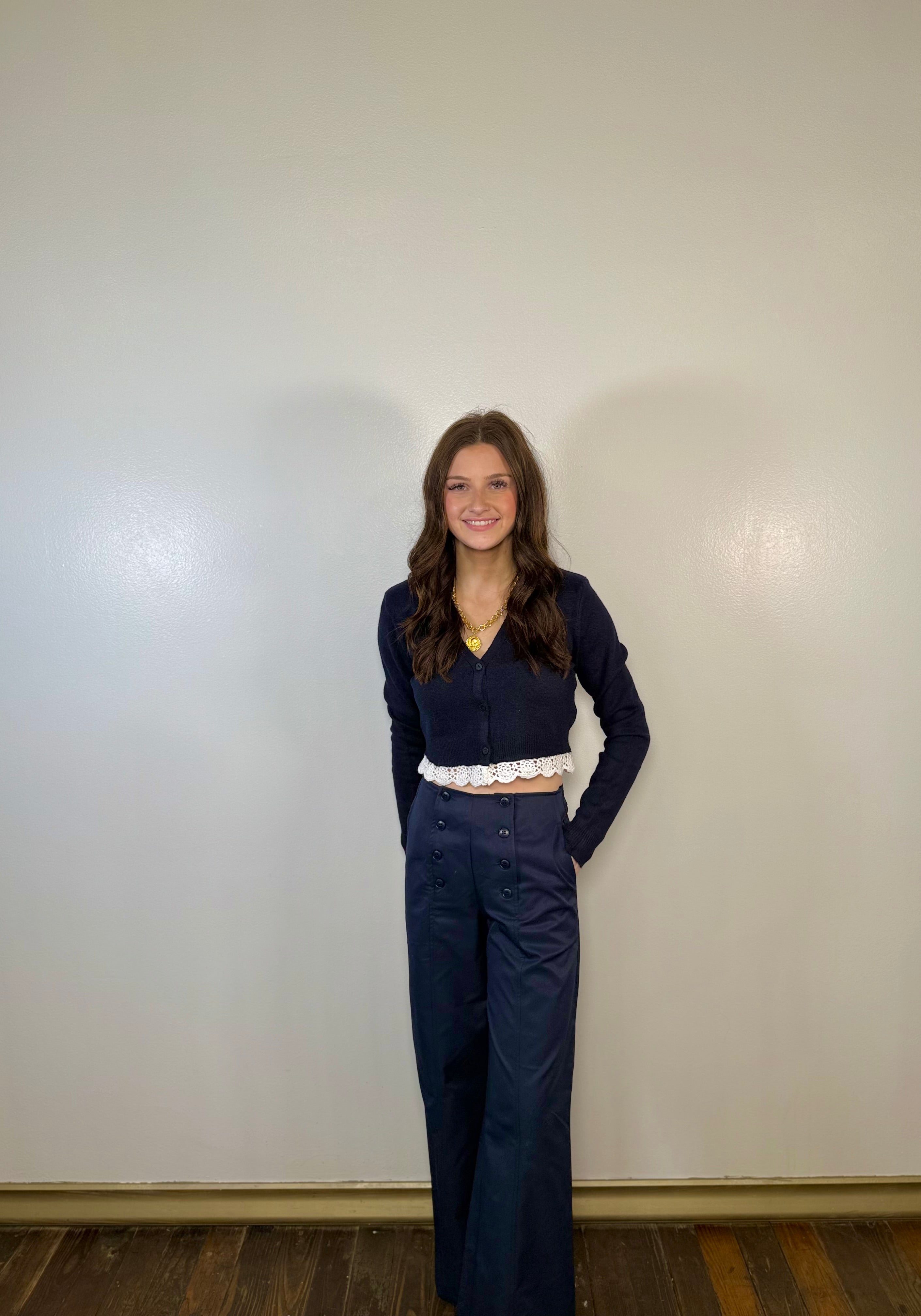 Front Button Detail Wide Leg Pants