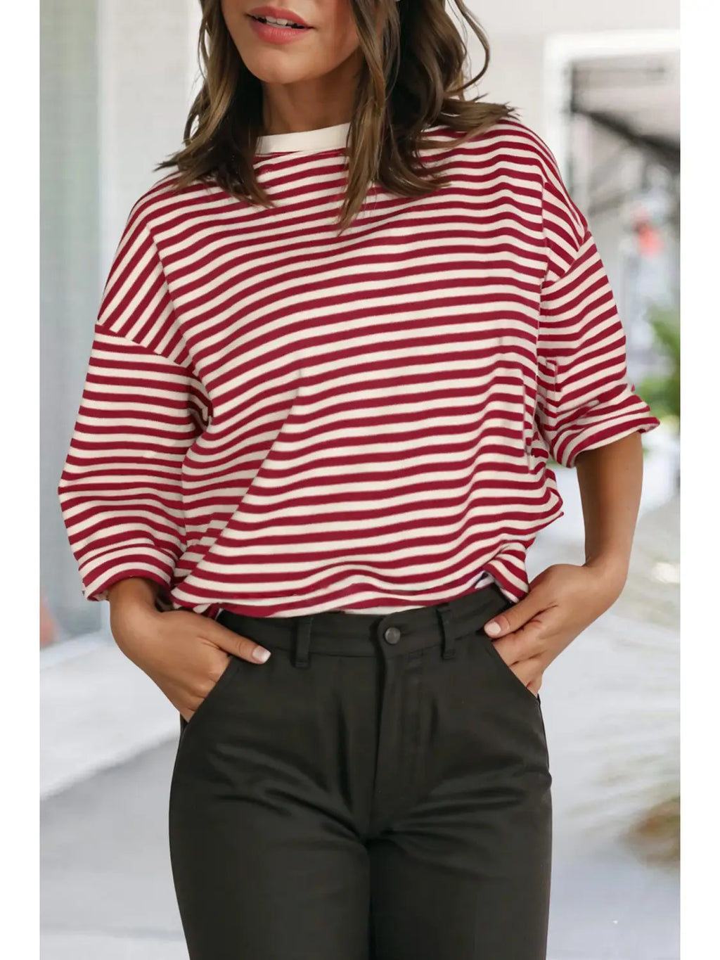 Nia Stripe Bow Back Drop Shoulder Top