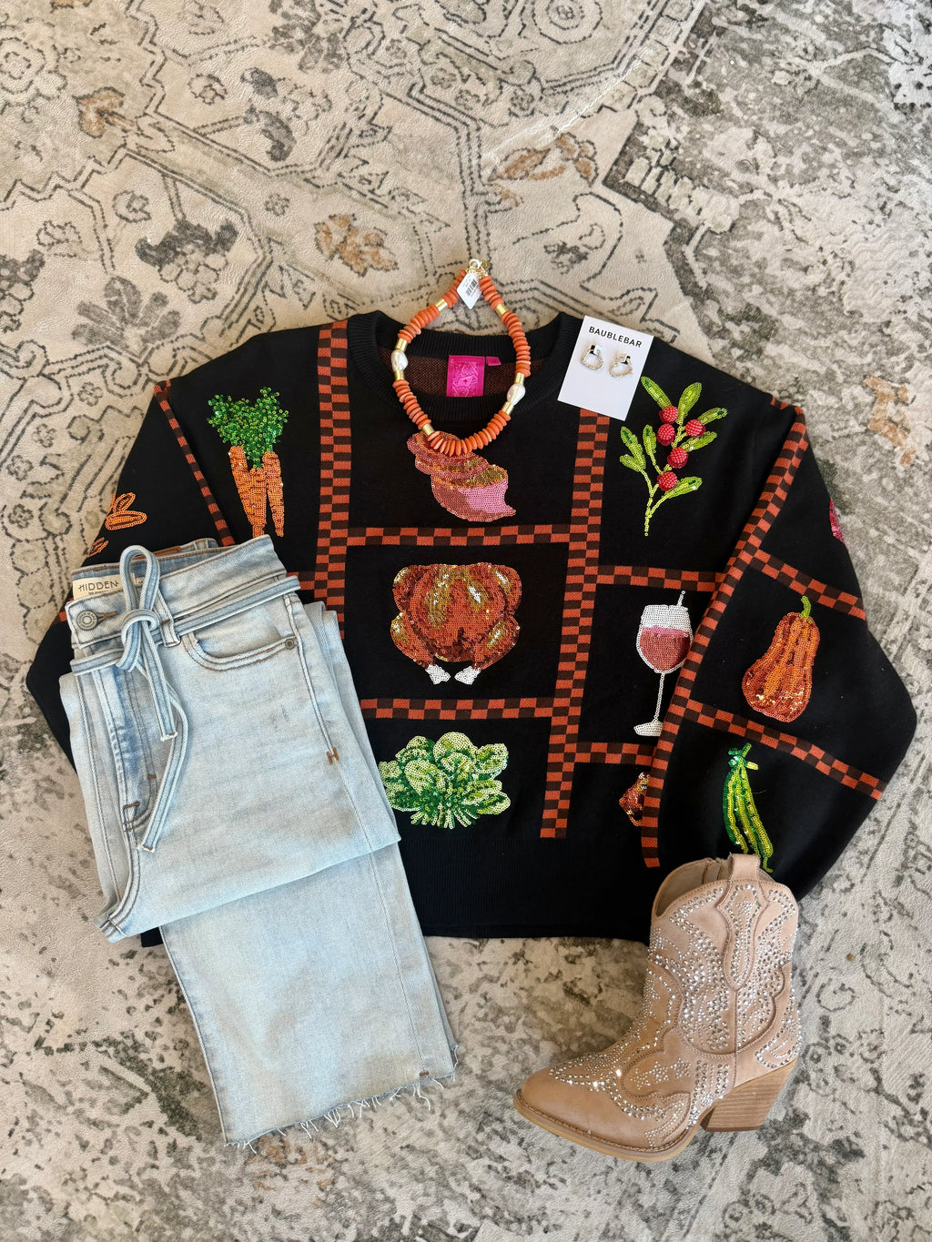 Black Checkered Thanksgiving Icon Sweater | Queen of Sparkles