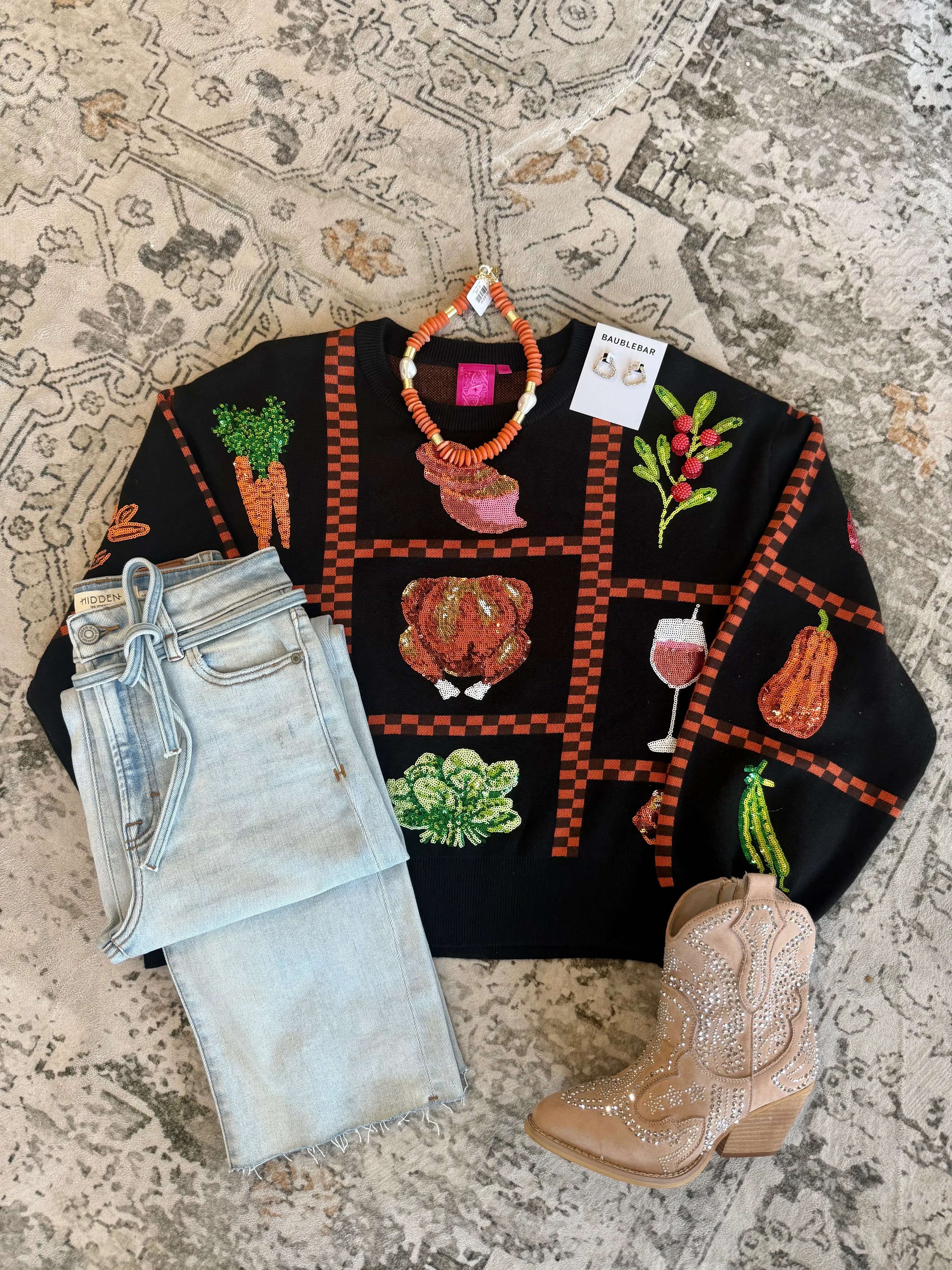 Black Checkered Thanksgiving Icon Sweater | Queen of Sparkles