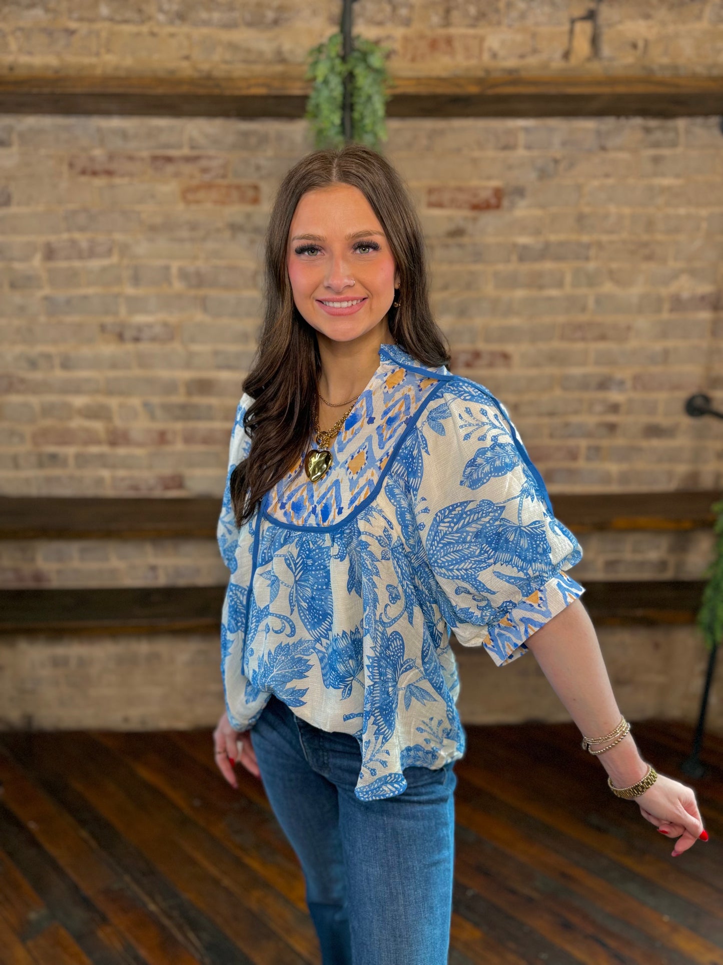 Abstract Floral Print Tie Blouse