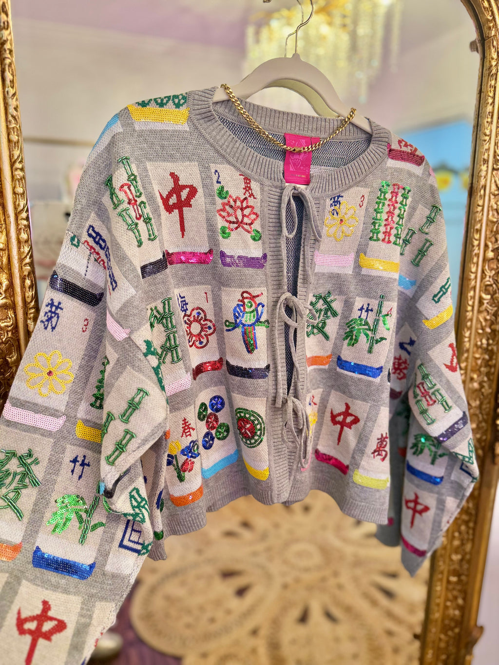 Grey Mahjong Tile Tie Up Knit Sweater | Queen of Sparkles