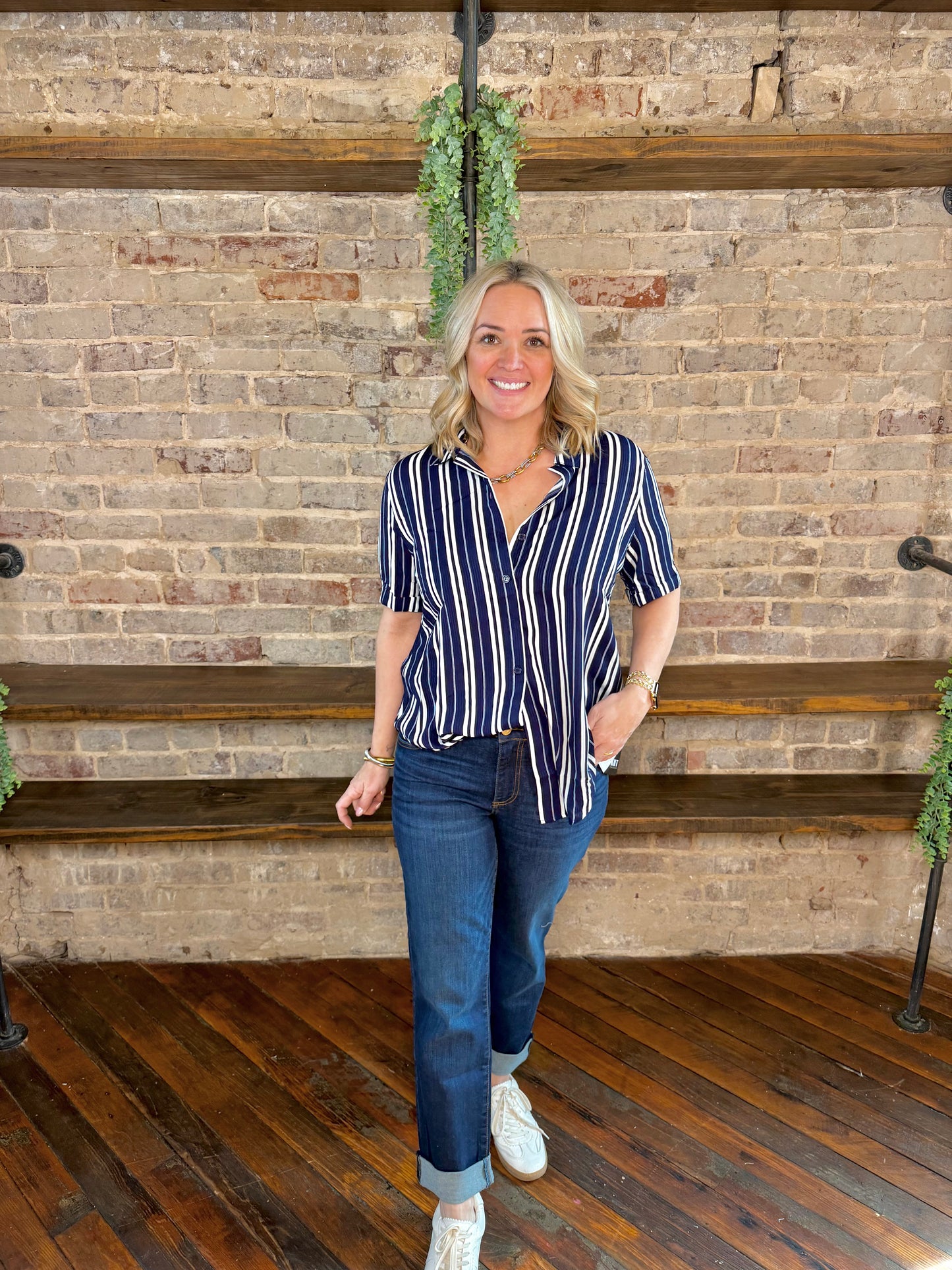 Blynn Striped Button Down Collared Blouse