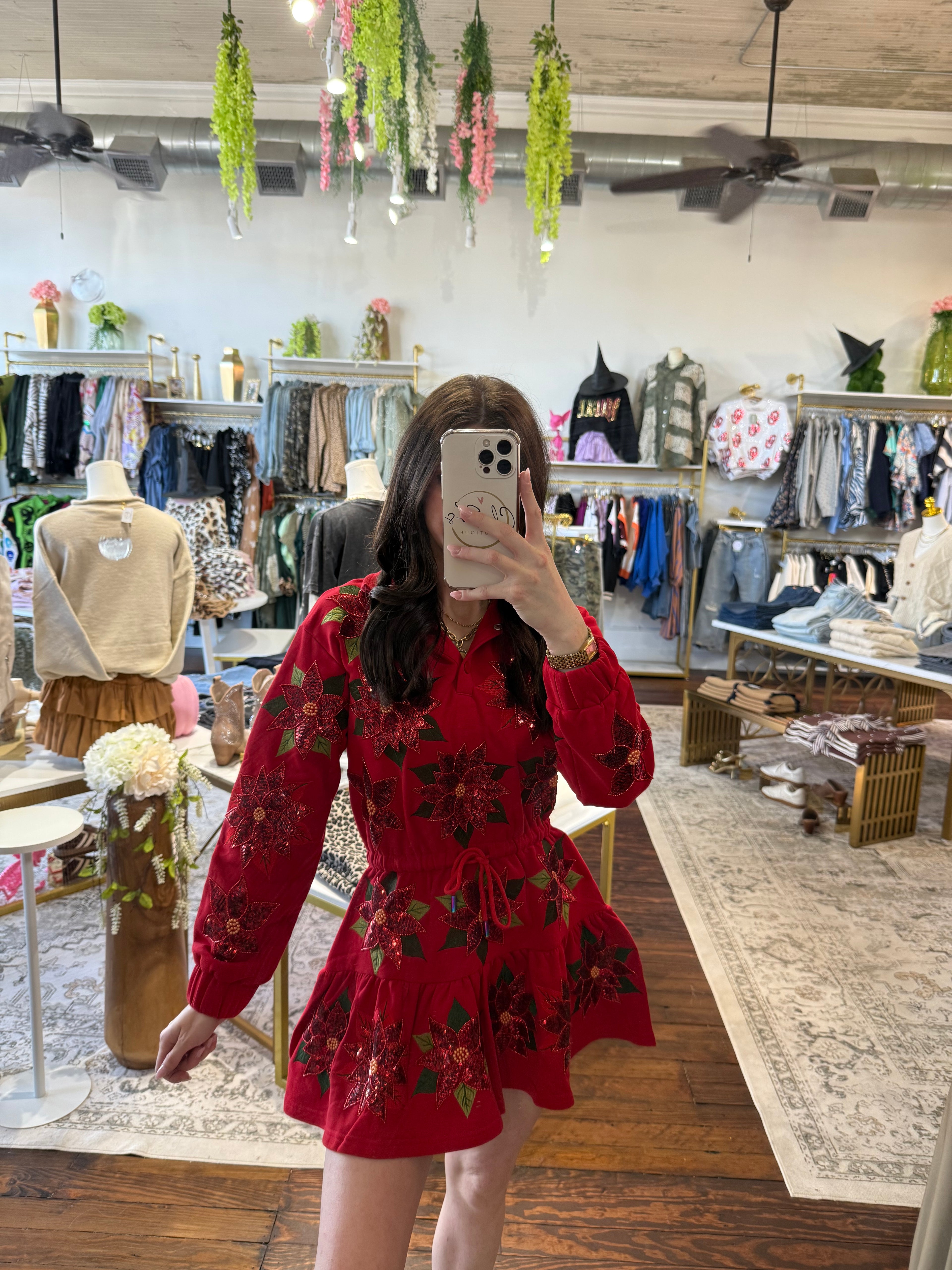 Red Poinsettia Button Up Mock Neck Tie Sweatshirt Dress | Queen Of Sparkles