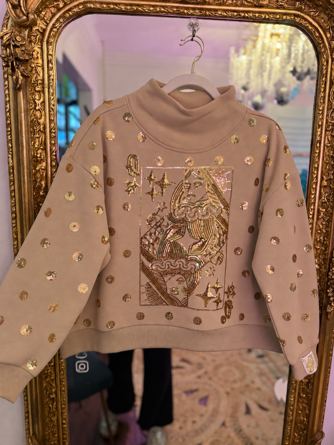 Tan & Gold Polka Dot QOS Card Mock Neck Sweatshirt | Queen of Sparkles