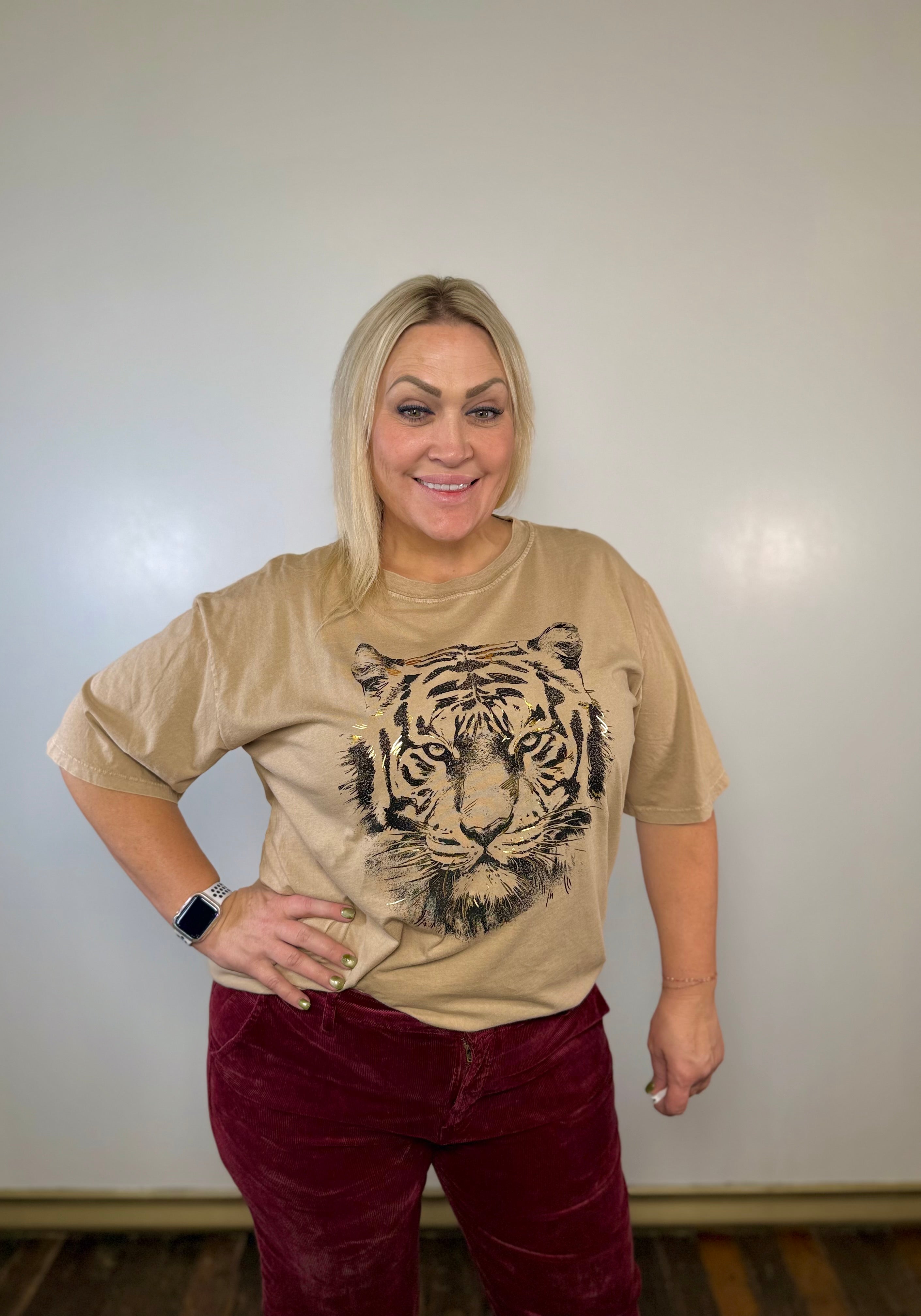Oversized Mineral Wash Gold Detailed Tiger Tee