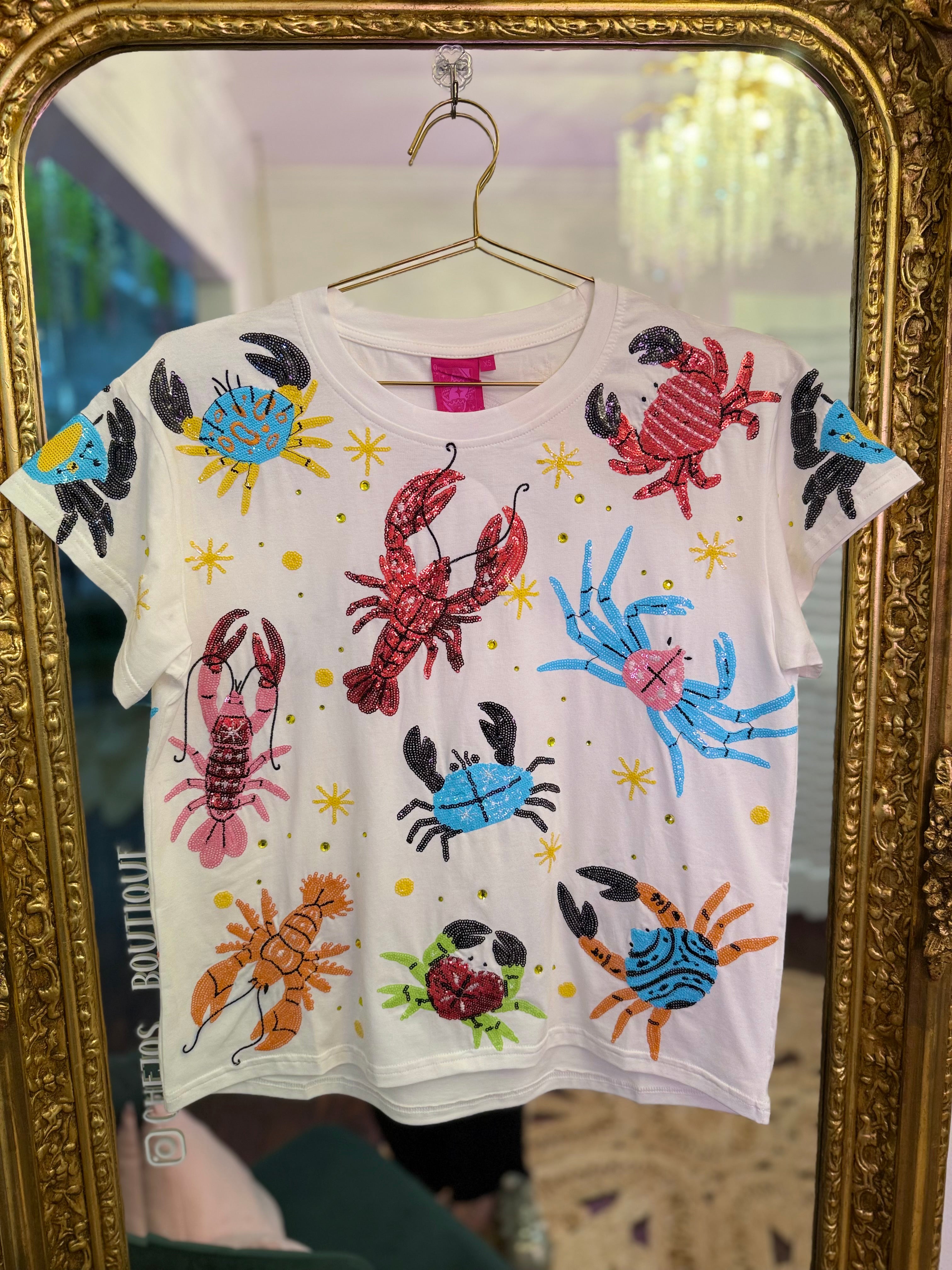 White Multi Crab & Lobster Tee | Queen of Sparkles