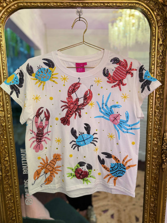 White Multi Crab & Lobster Tee | Queen of Sparkles