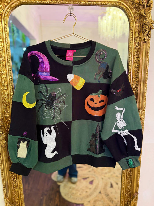 Black & Dark Green Checkered Halloween Icon Sweatshirt | Queen of Sparkles