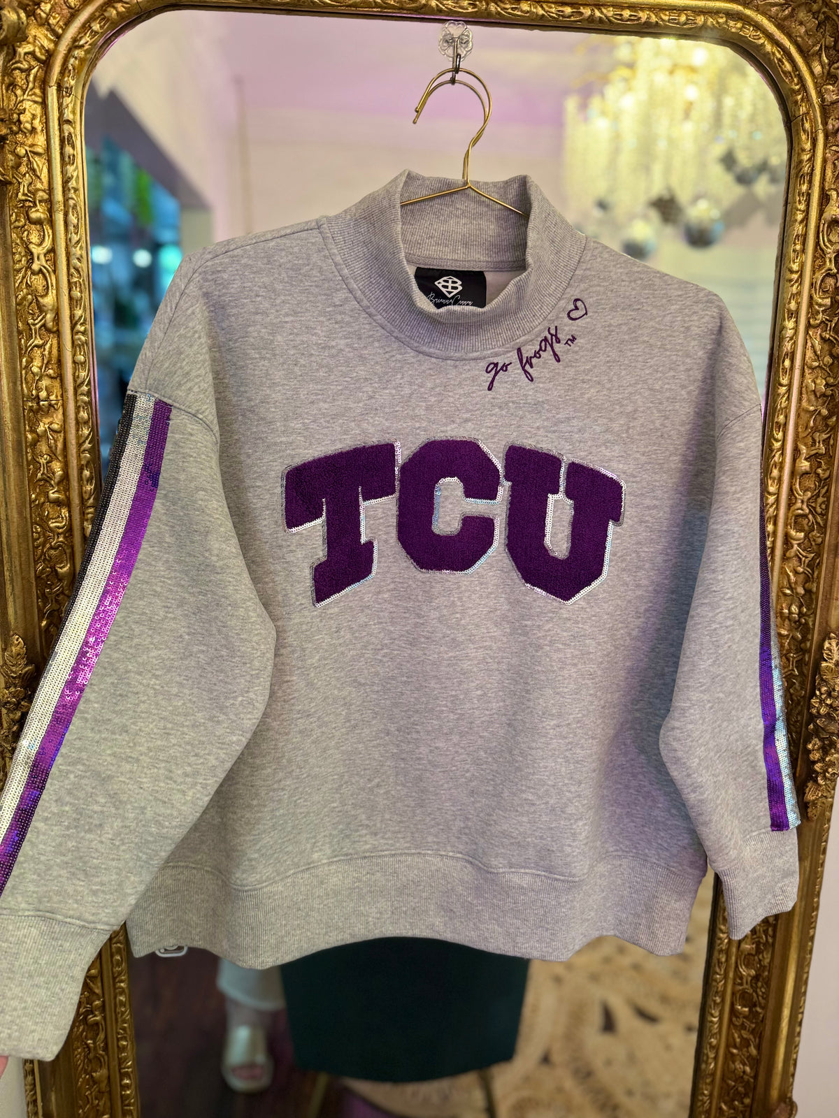 College Mock Neck Sequin Stripe Sweatshirt | Brianna Cannon
