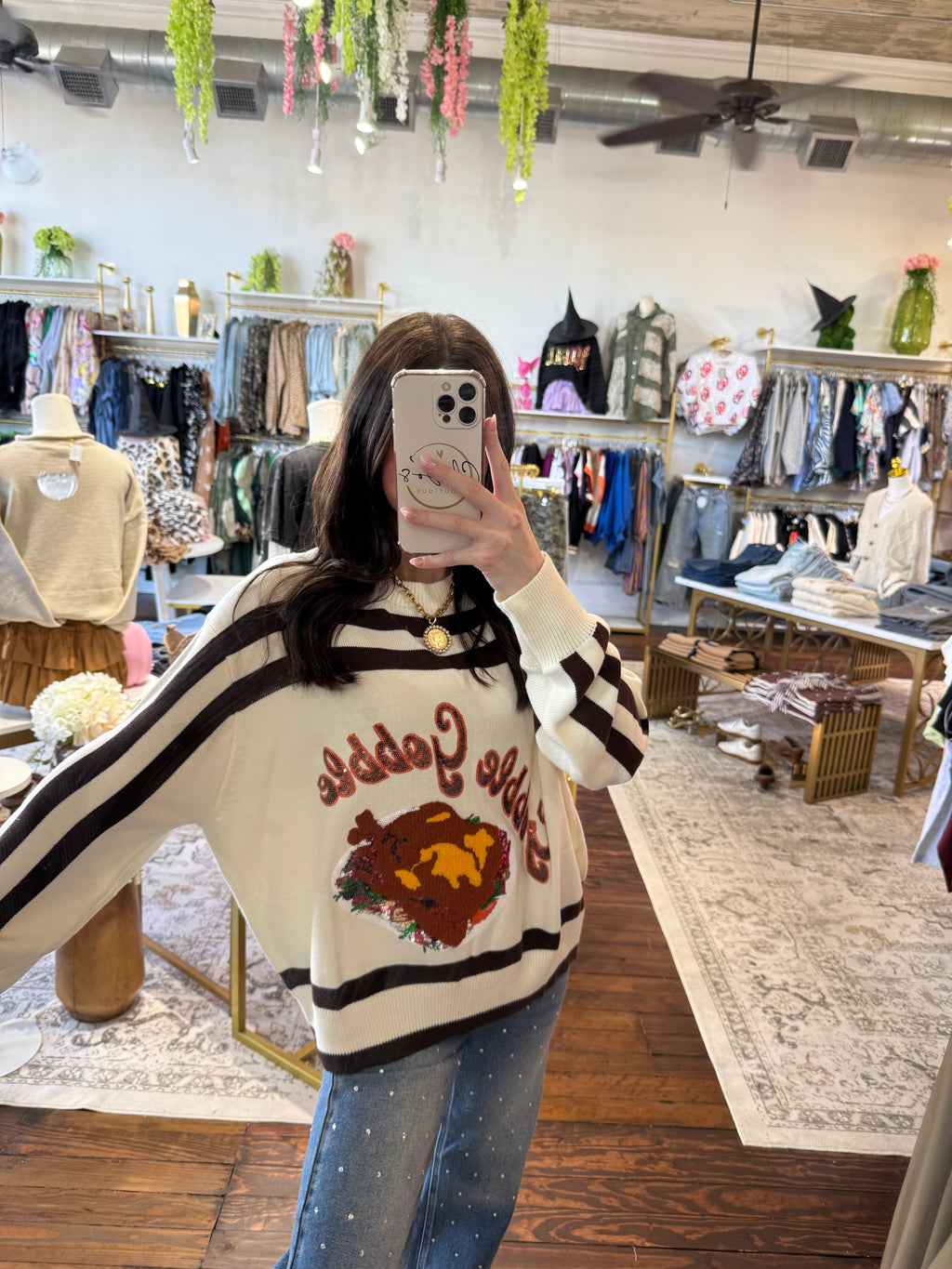 White & Brown Stripe 'Gobble' Long Sleeve Sweater | Queen of Sparkles