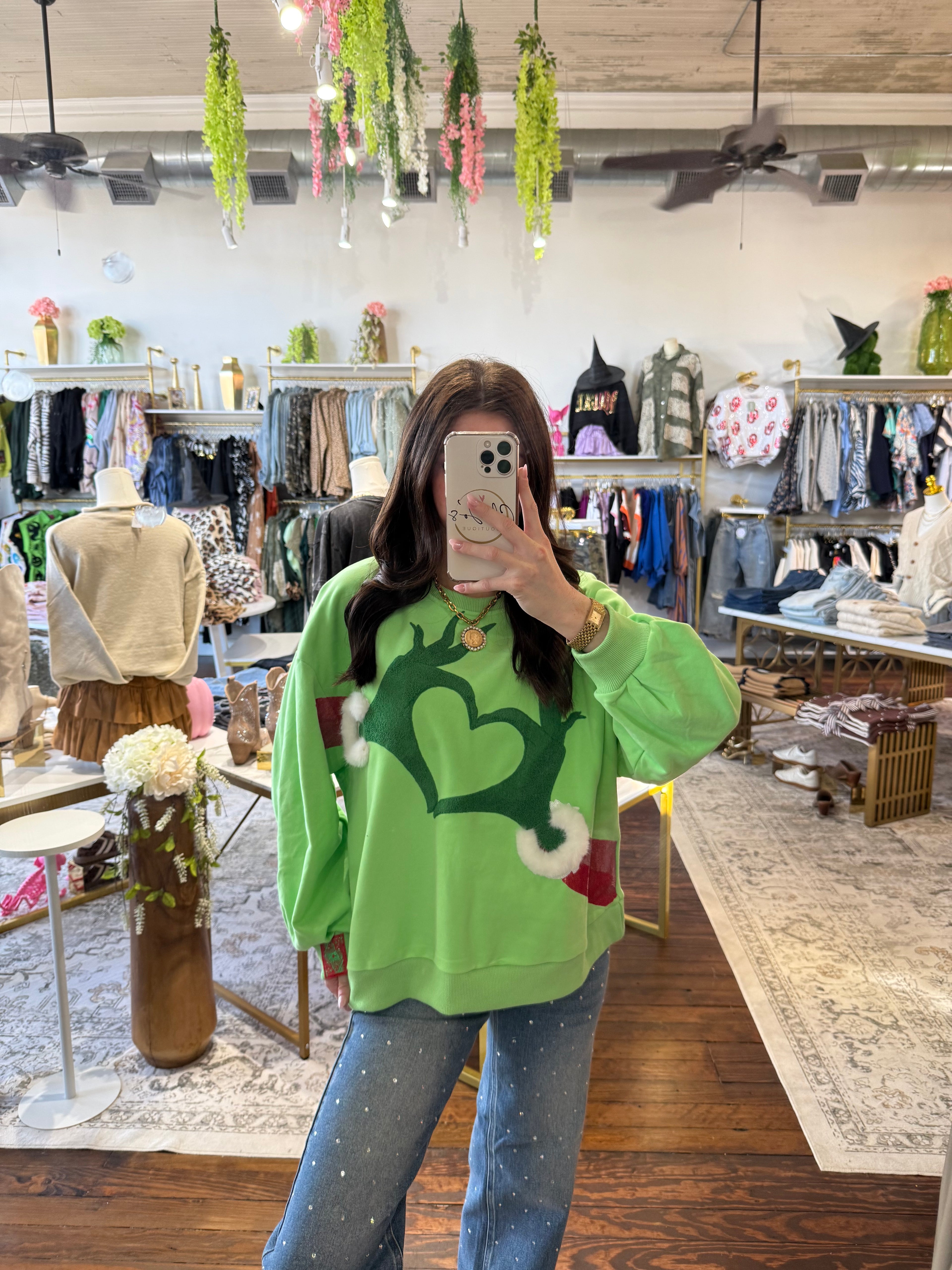 Green Grinch Heart Hands Sweatshirt | Queen of Sparkles