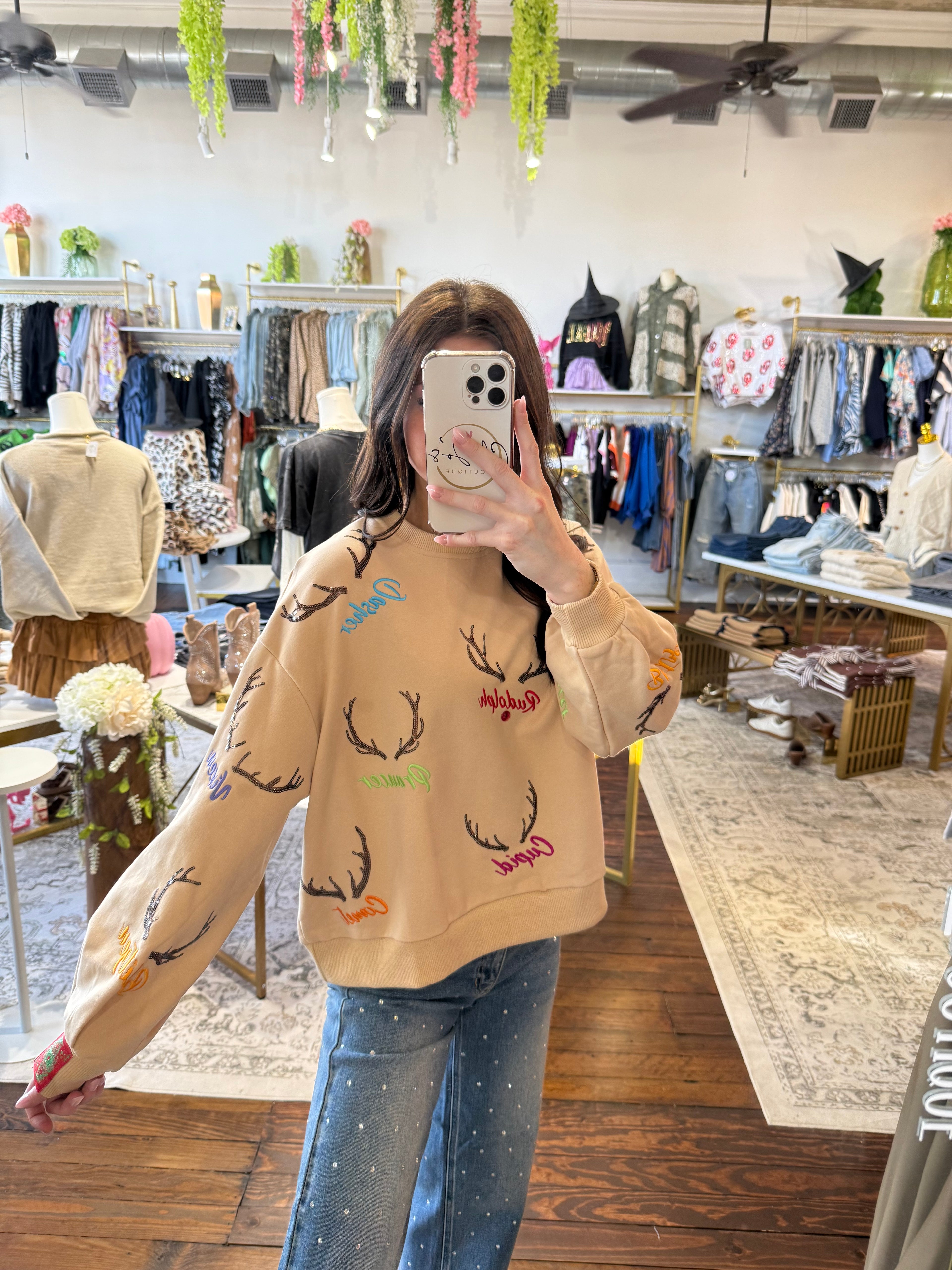 Tan Reindeer Name & Antlers Sweatshirt | Queen of Sparkles