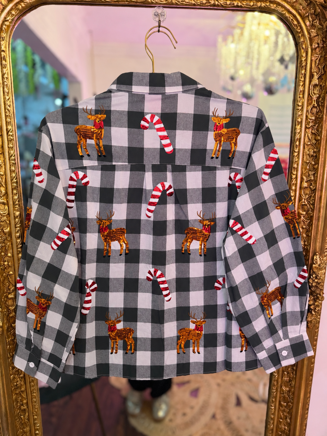 Green & White Plaid Reindeer & Candy Cane Button Up Top | Queen of Sparkles