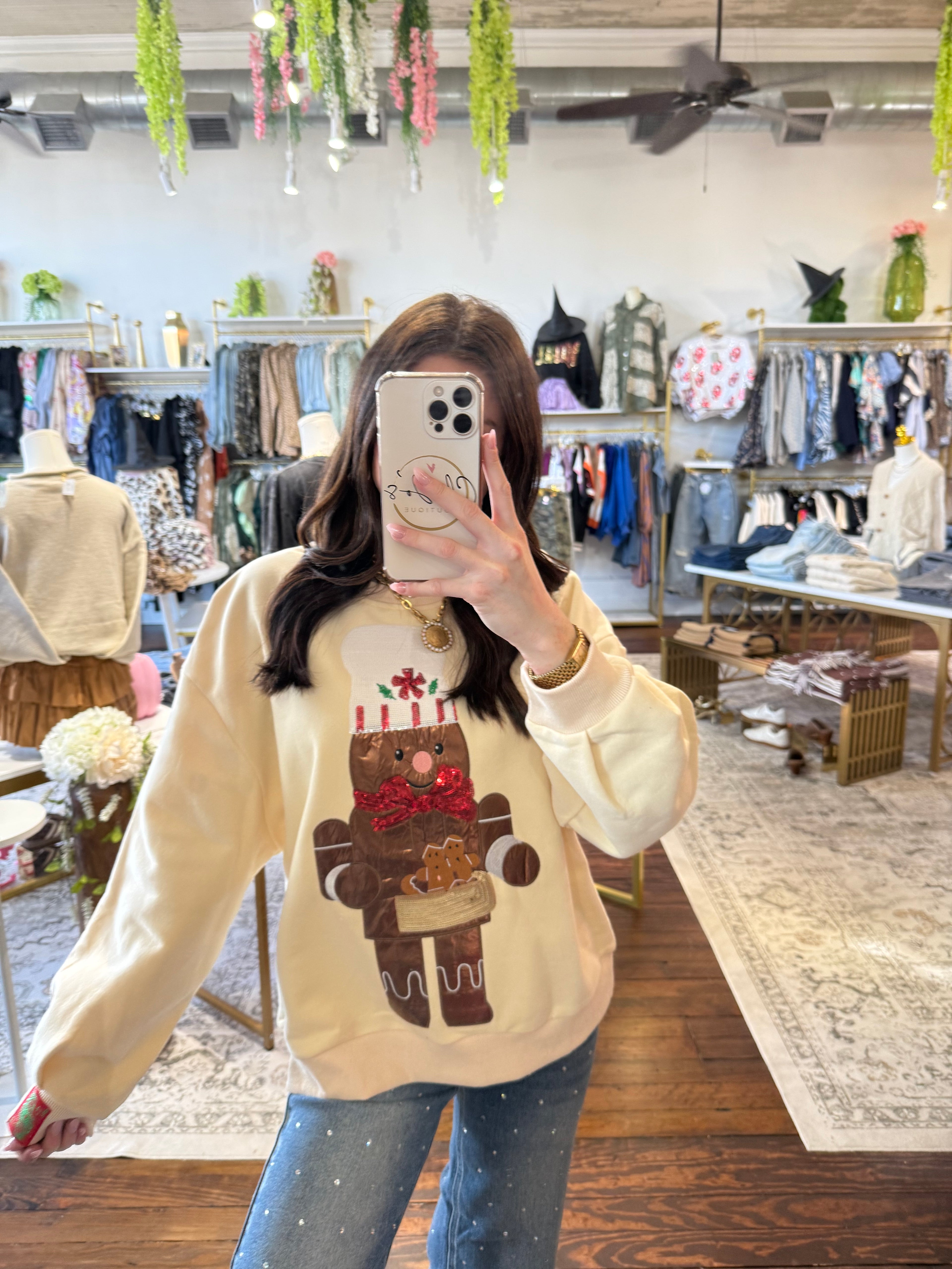 Beige Metallic Gingerbread Man Sweatshirt | Queen of Sparkles