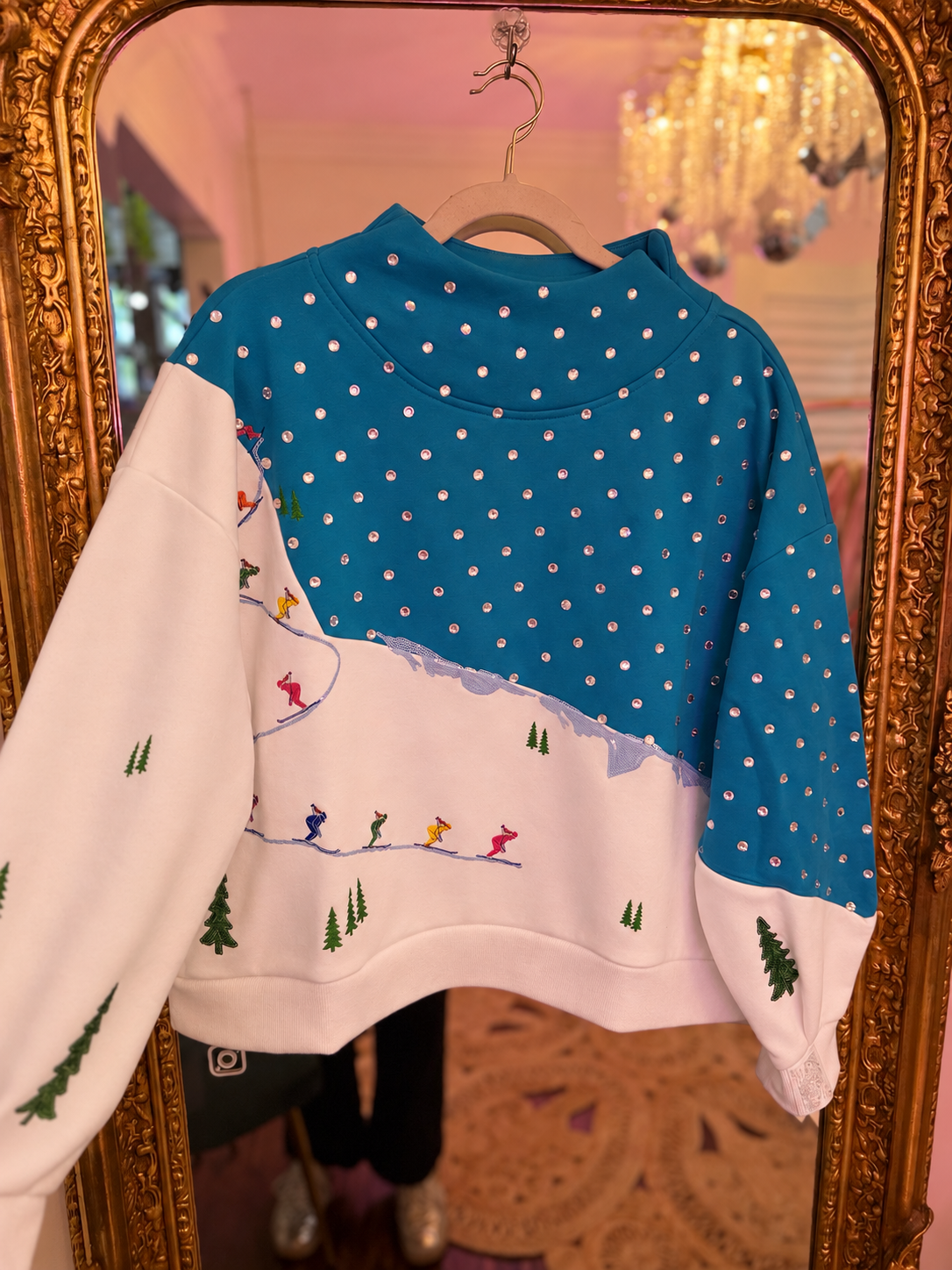 Aqua & White Colorblock Skiers on Mountain Mock Neck Sweatshirt  | Queen of Sparkles