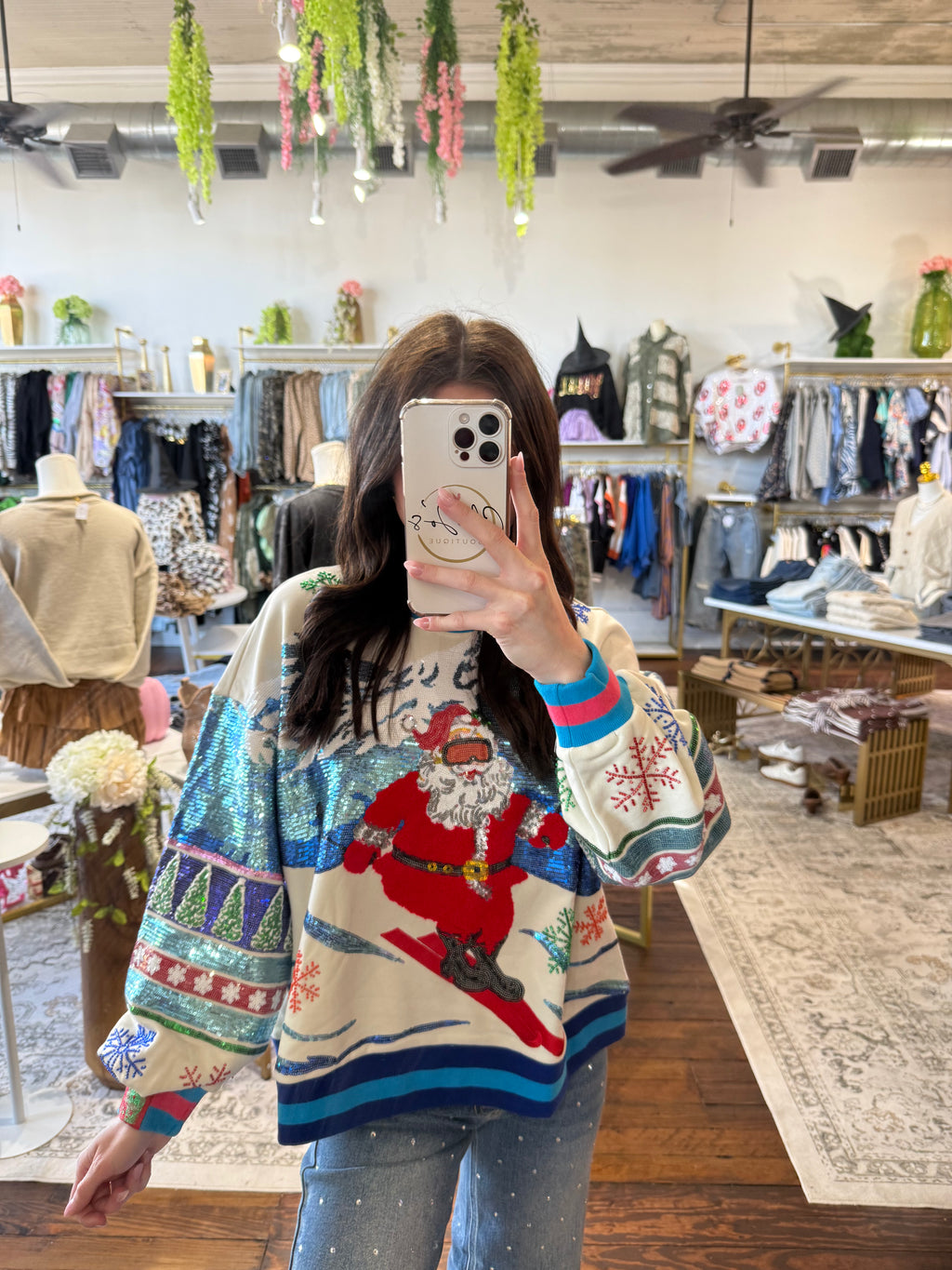 White & Blue Vintage Skiing Santa Sweatshirt | Queen of Sparkles