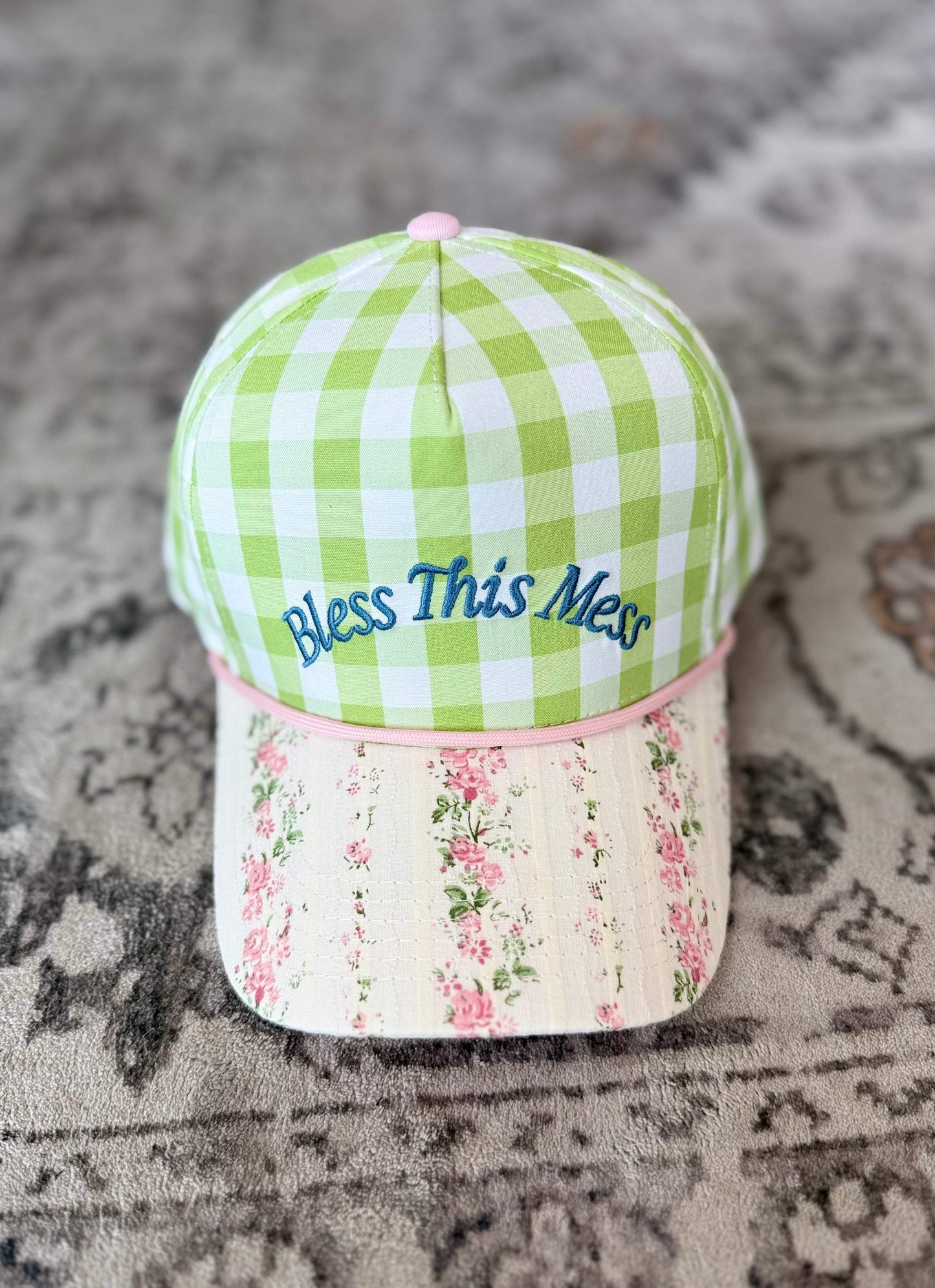 Embroidered Baseball Cap - "Bless This Mess" - Green Gingham