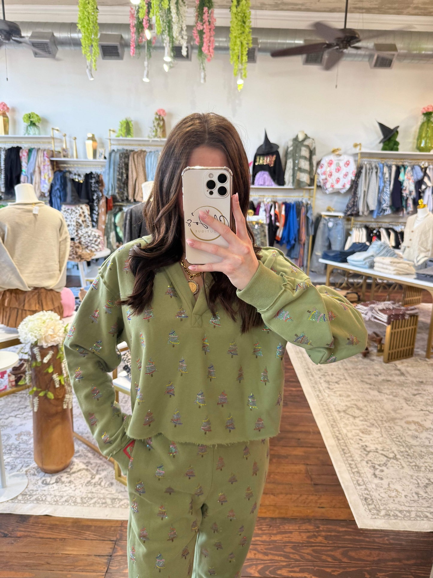 Mossy Green Scattered Multi Christmas Tree Hoodie | Queen of Sparkles