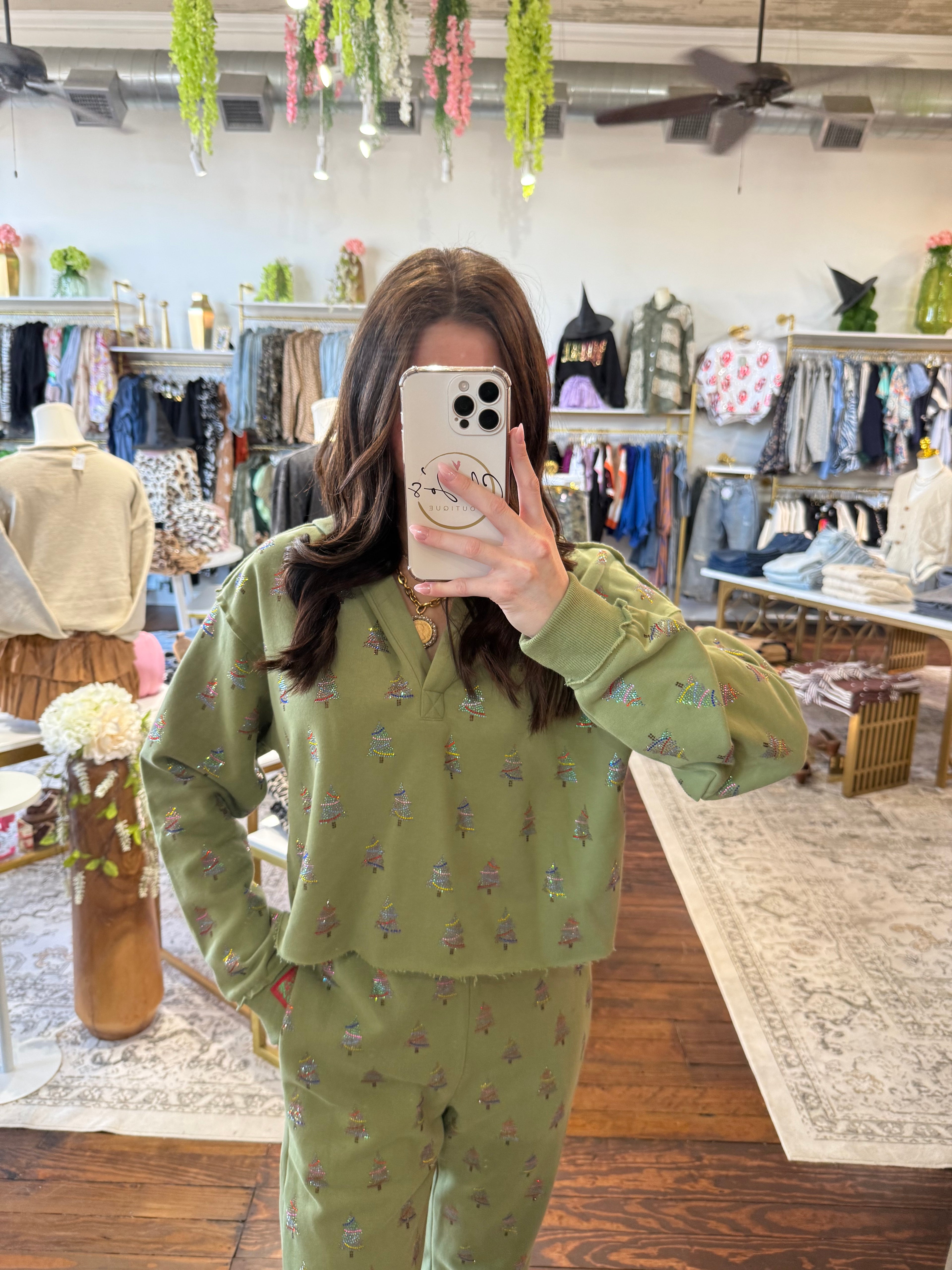 Mossy Green Scattered Multi Christmas Tree Hoodie | Queen of Sparkles