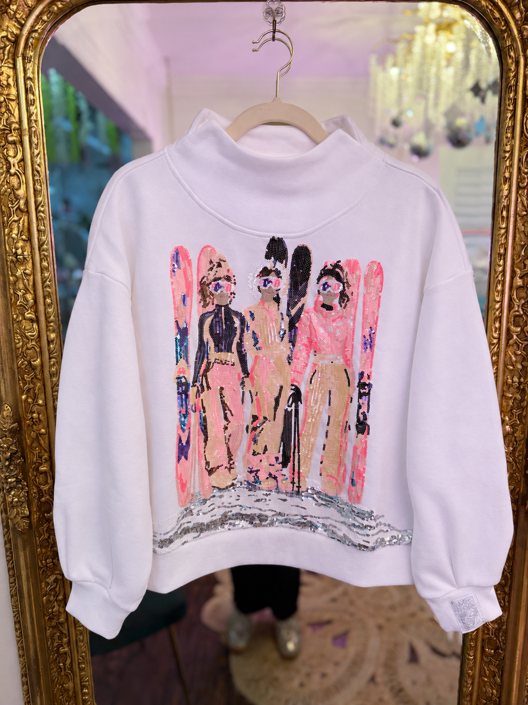 White Skier Girls Mock Neck Sweatshirt  | Queen of Sparkles