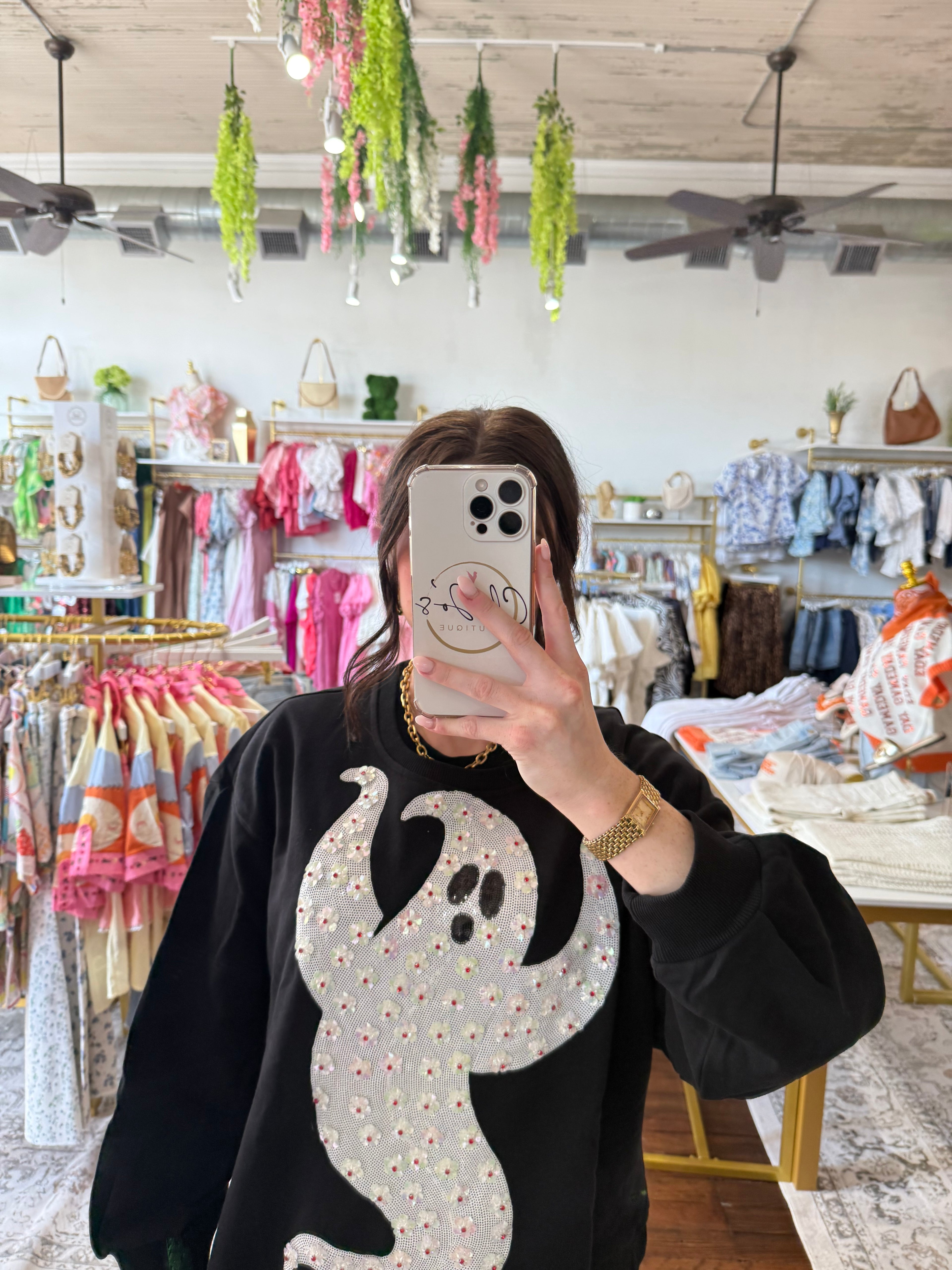Black & White Flower Sequin Ghost Sweatshirt | Queen of Sparkles