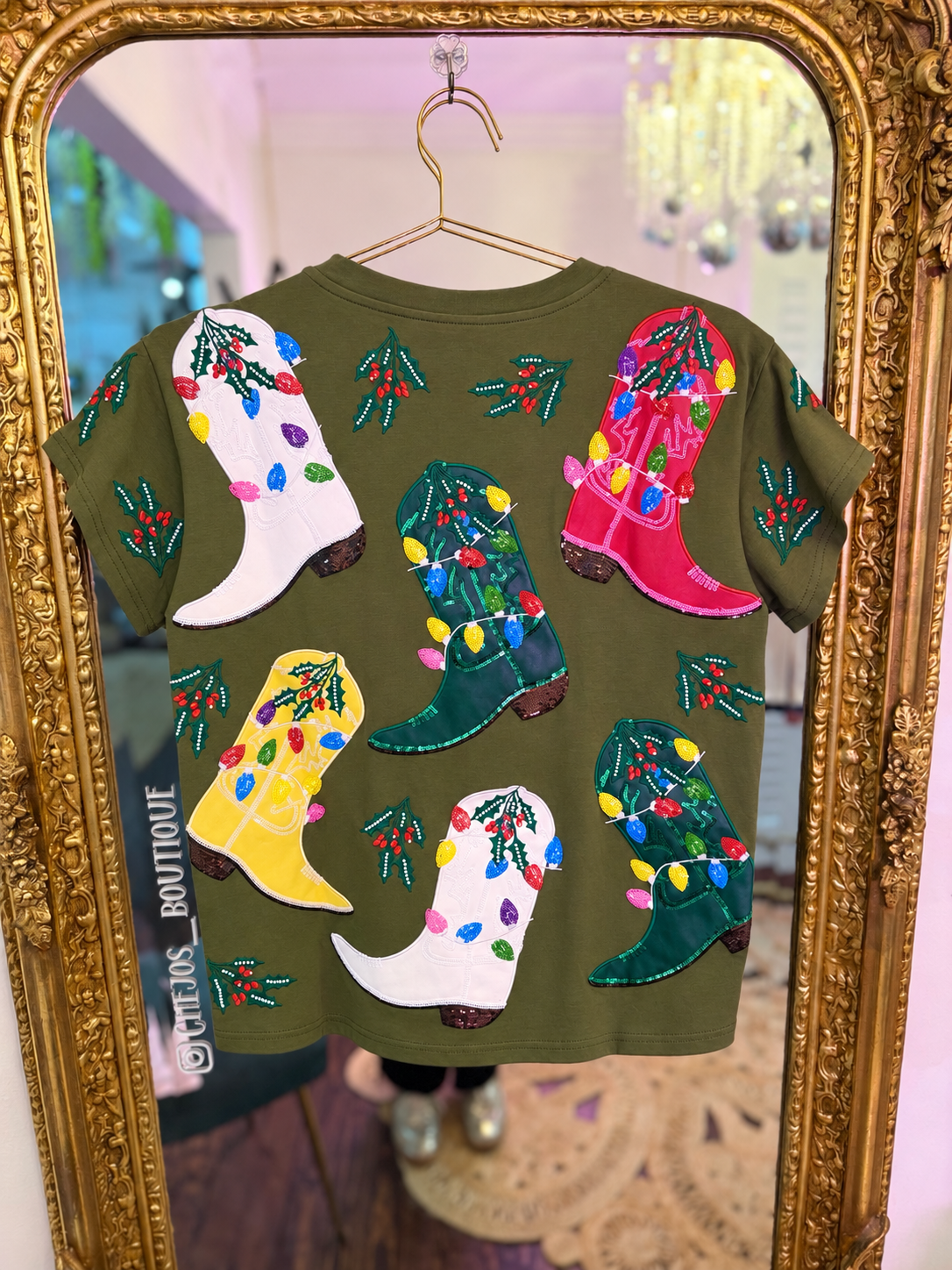 Green Multi Christmas Cowboy Boots Tee | Queen of Sparkles