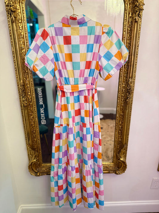 Checkers & Charm Puff Sleeve Maxi Dress