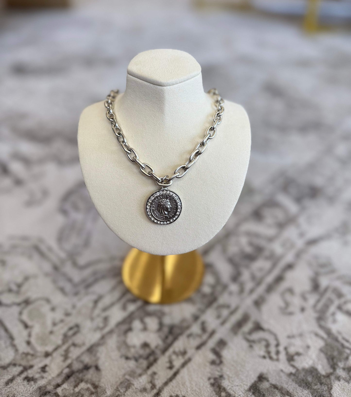 1973 Heirloom Rhinestone Medallion Coin Necklace