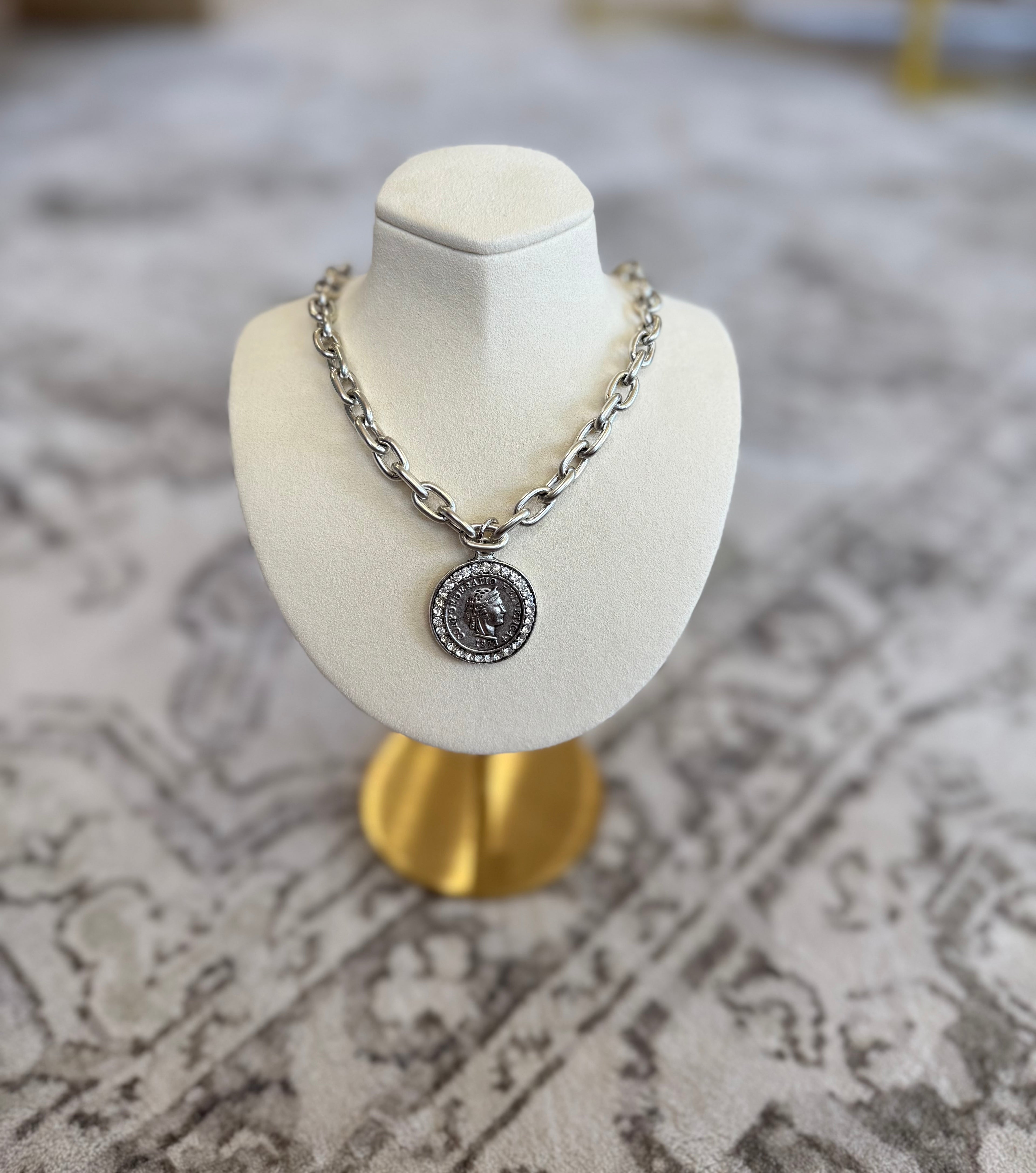 1973 Heirloom Rhinestone Medallion Coin Necklace