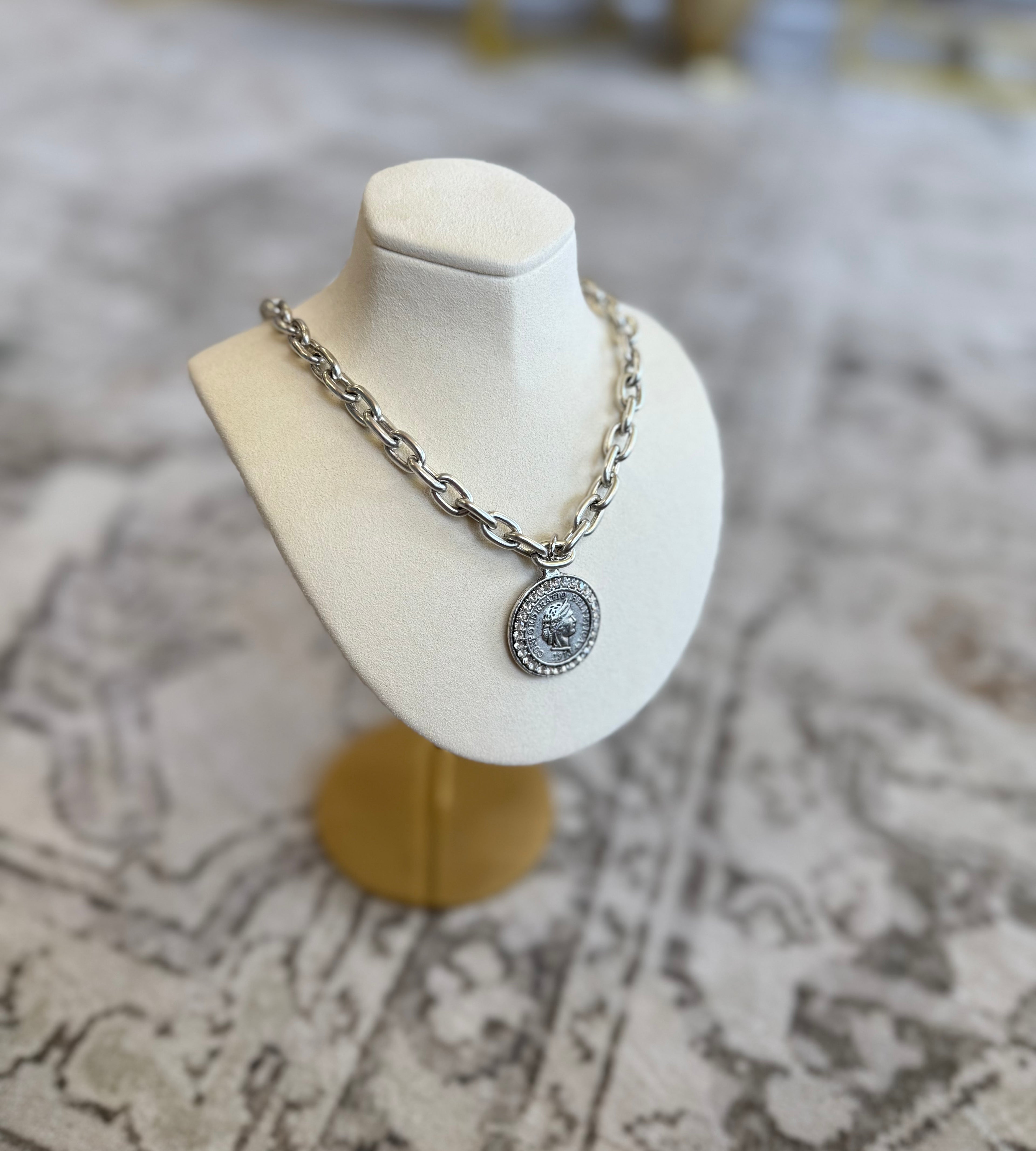 1973 Heirloom Rhinestone Medallion Coin Necklace