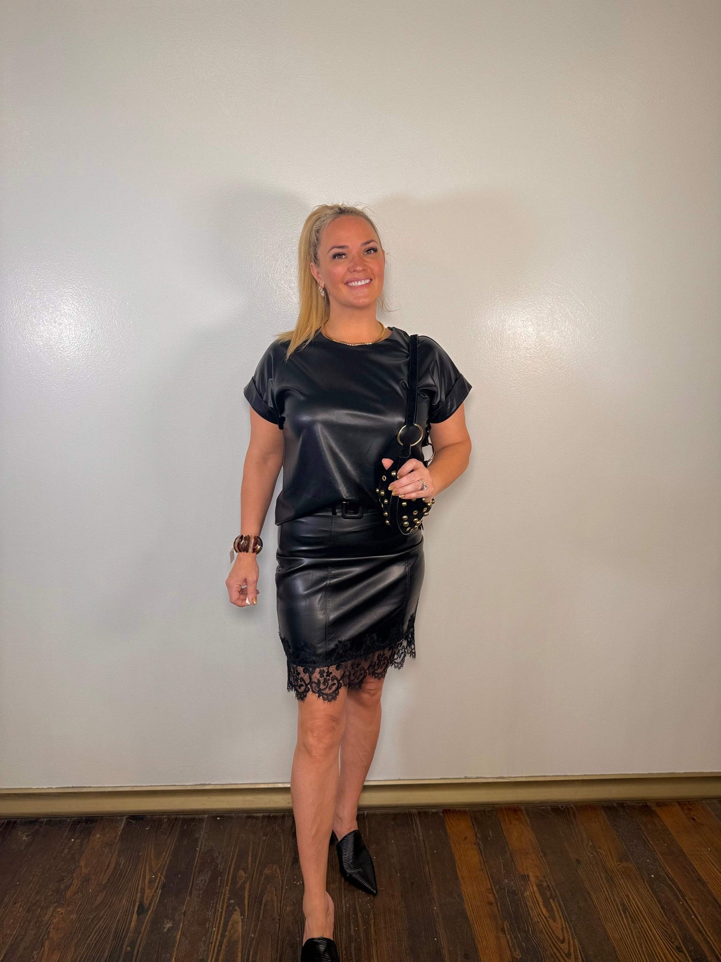Lace Detail Leather Belted Midi Skirt