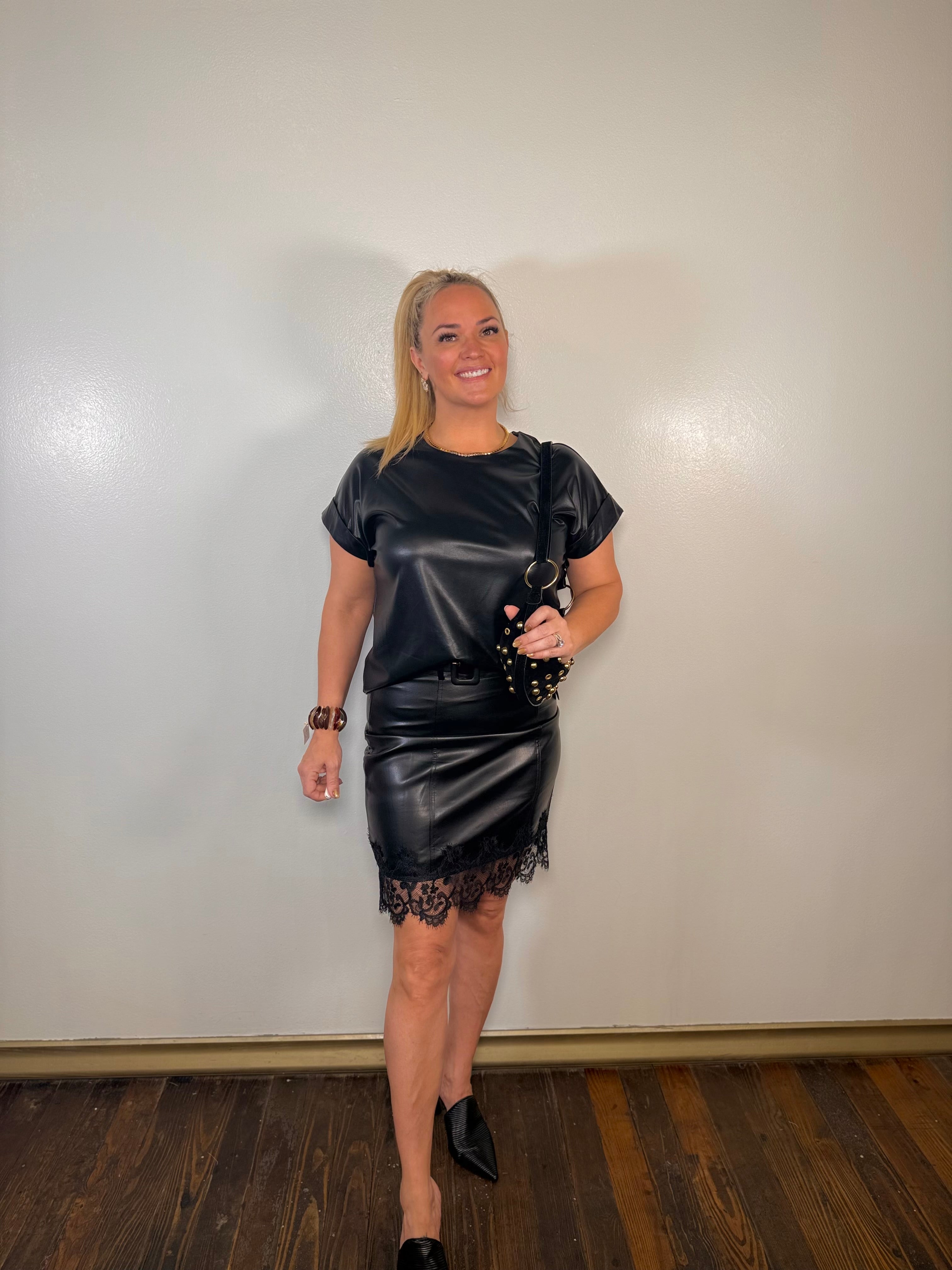 Lace Detail Leather Belted Midi Skirt