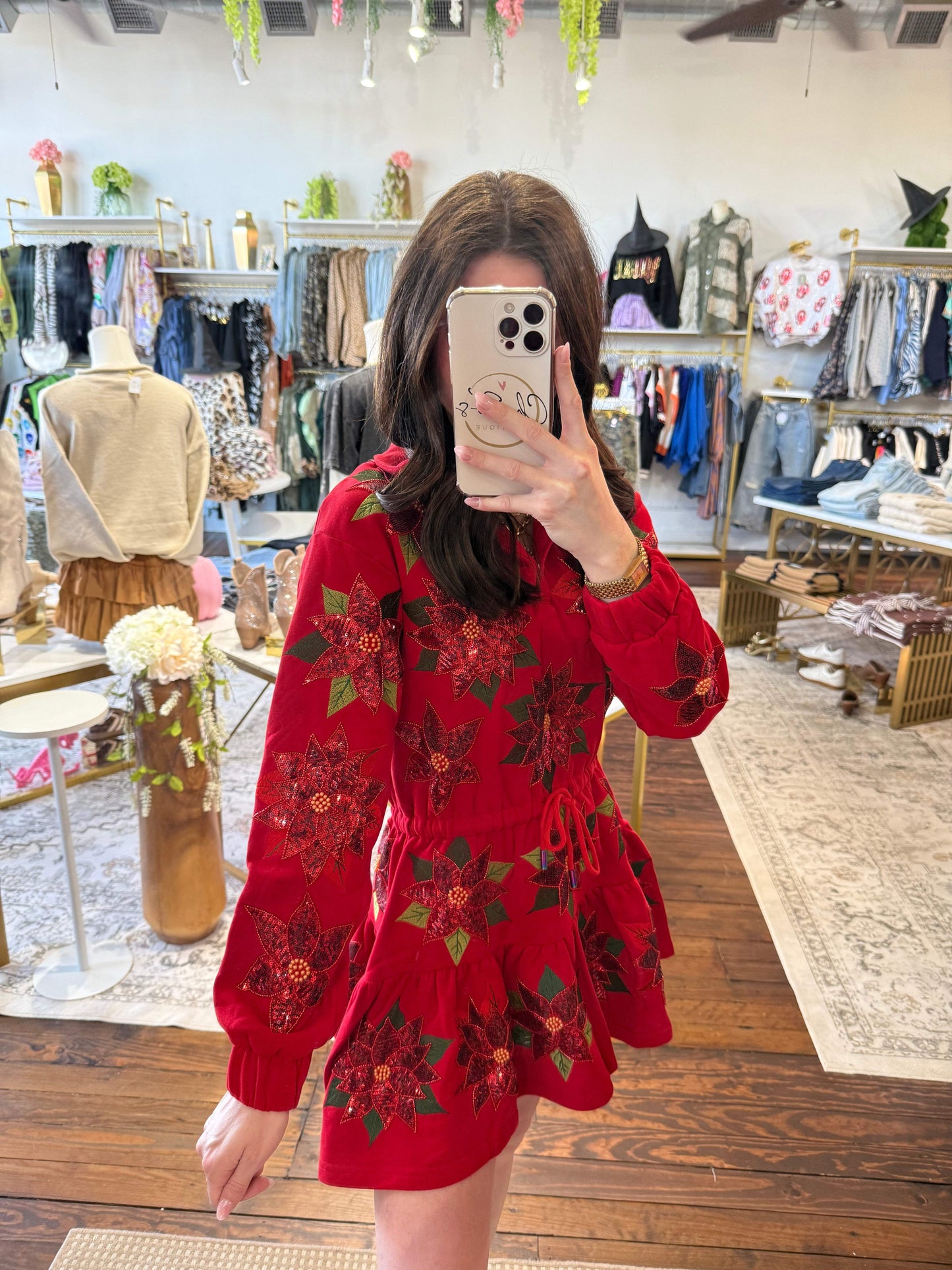 Red Poinsettia Button Up Mock Neck Tie Sweatshirt Dress | Queen Of Sparkles