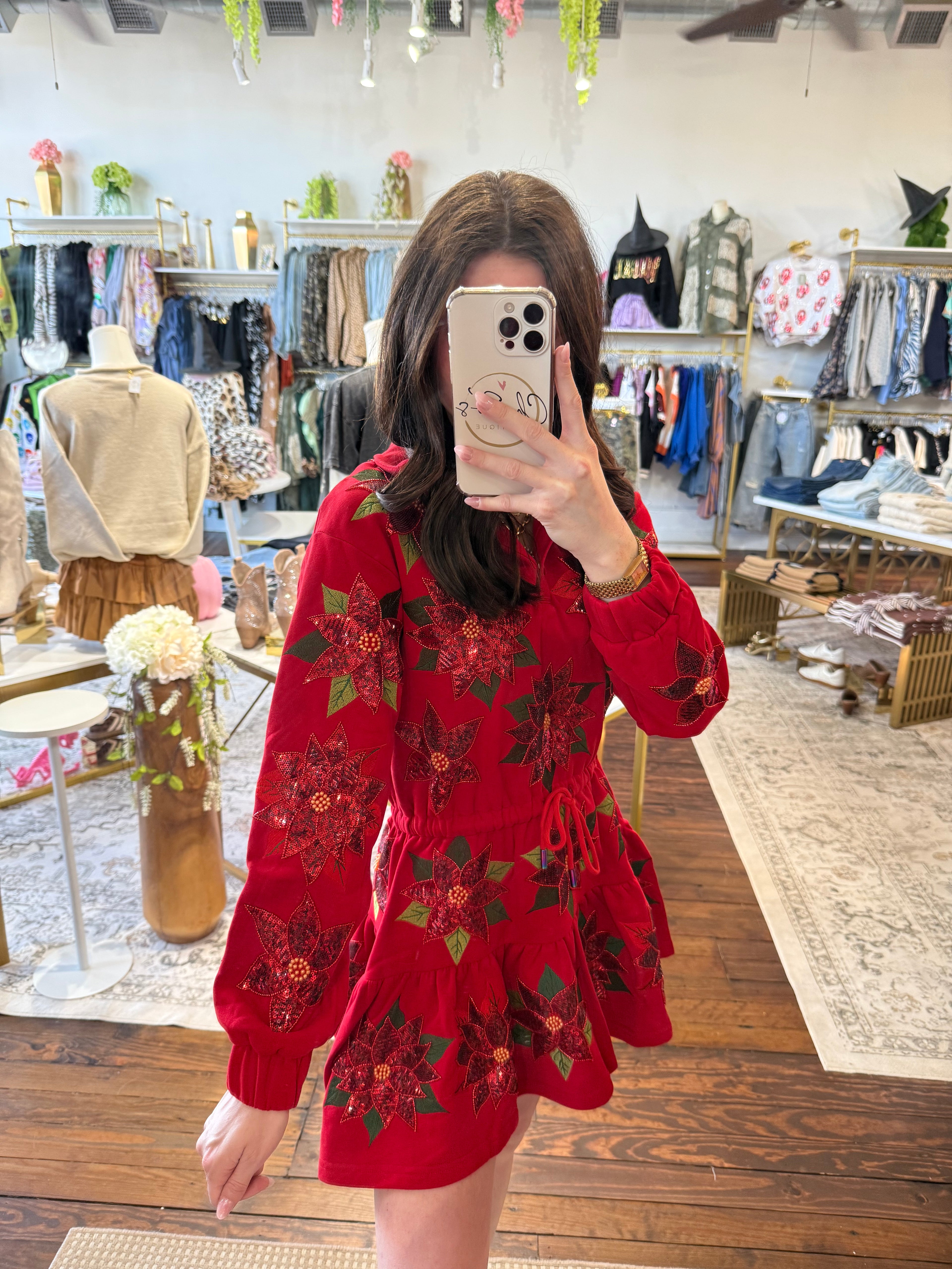Red Poinsettia Button Up Mock Neck Tie Sweatshirt Dress | Queen Of Sparkles