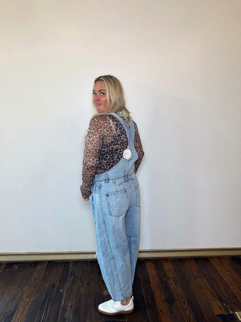 Distressed Barrel Jean Overalls