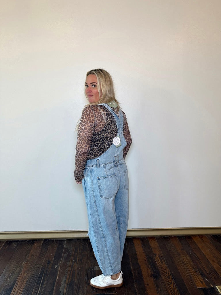 Distressed Barrel Jean Overalls