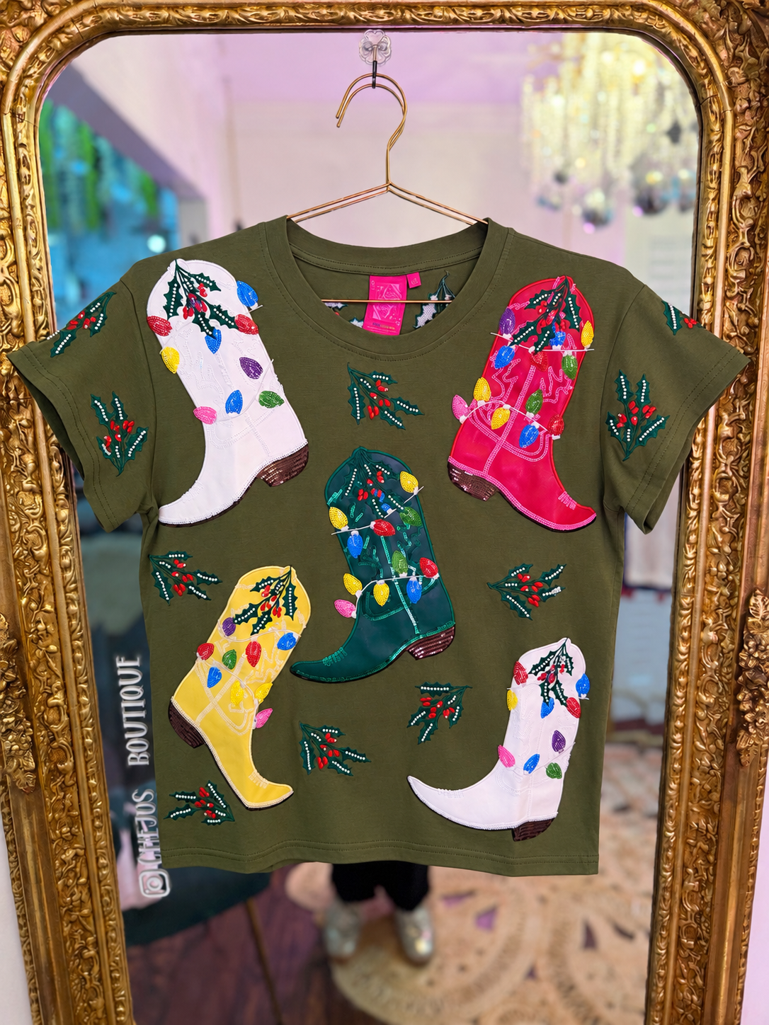 Green Multi Christmas Cowboy Boots Tee | Queen of Sparkles