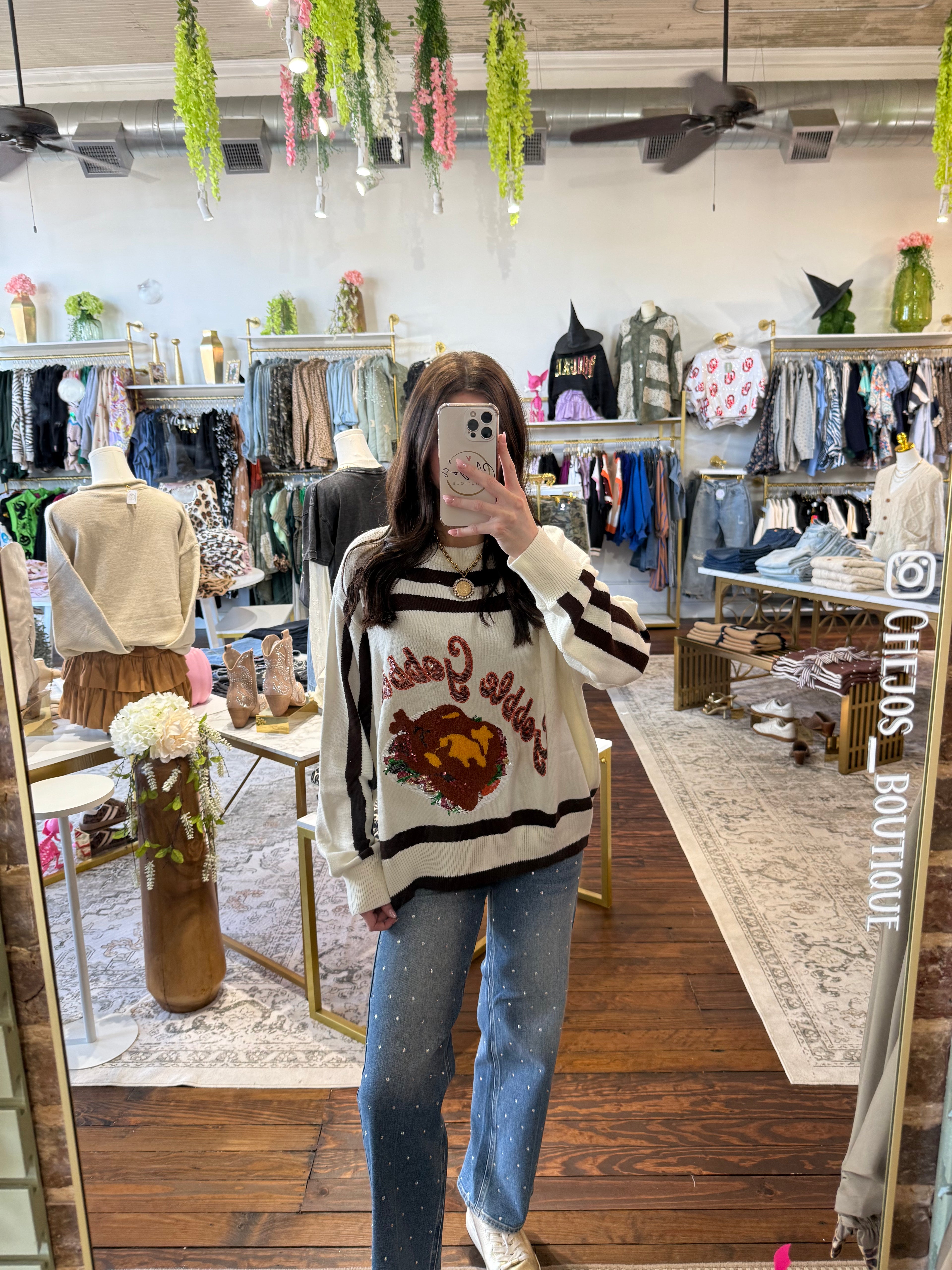 White & Brown Stripe 'Gobble' Long Sleeve Sweater | Queen of Sparkles