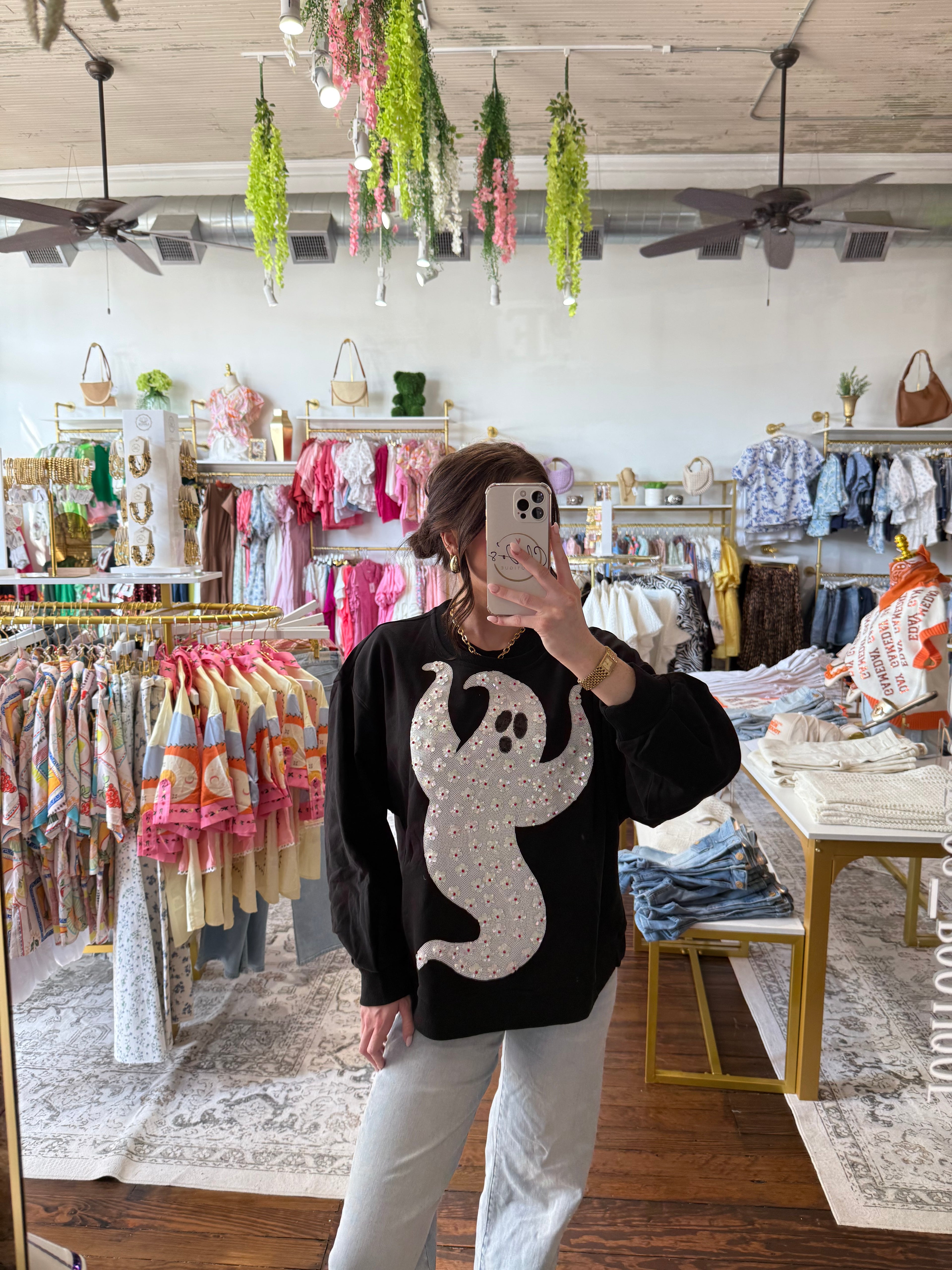Black & White Flower Sequin Ghost Sweatshirt | Queen of Sparkles