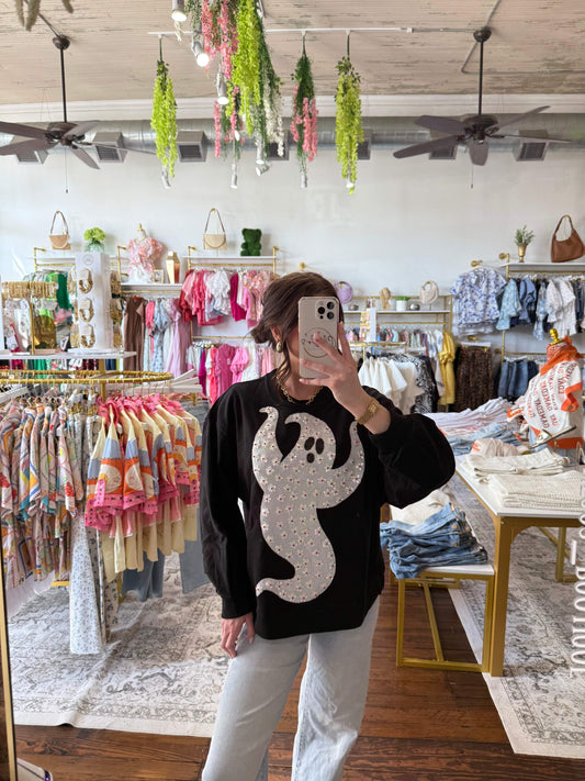 Black & White Flower Sequin Ghost Sweatshirt | Queen of Sparkles