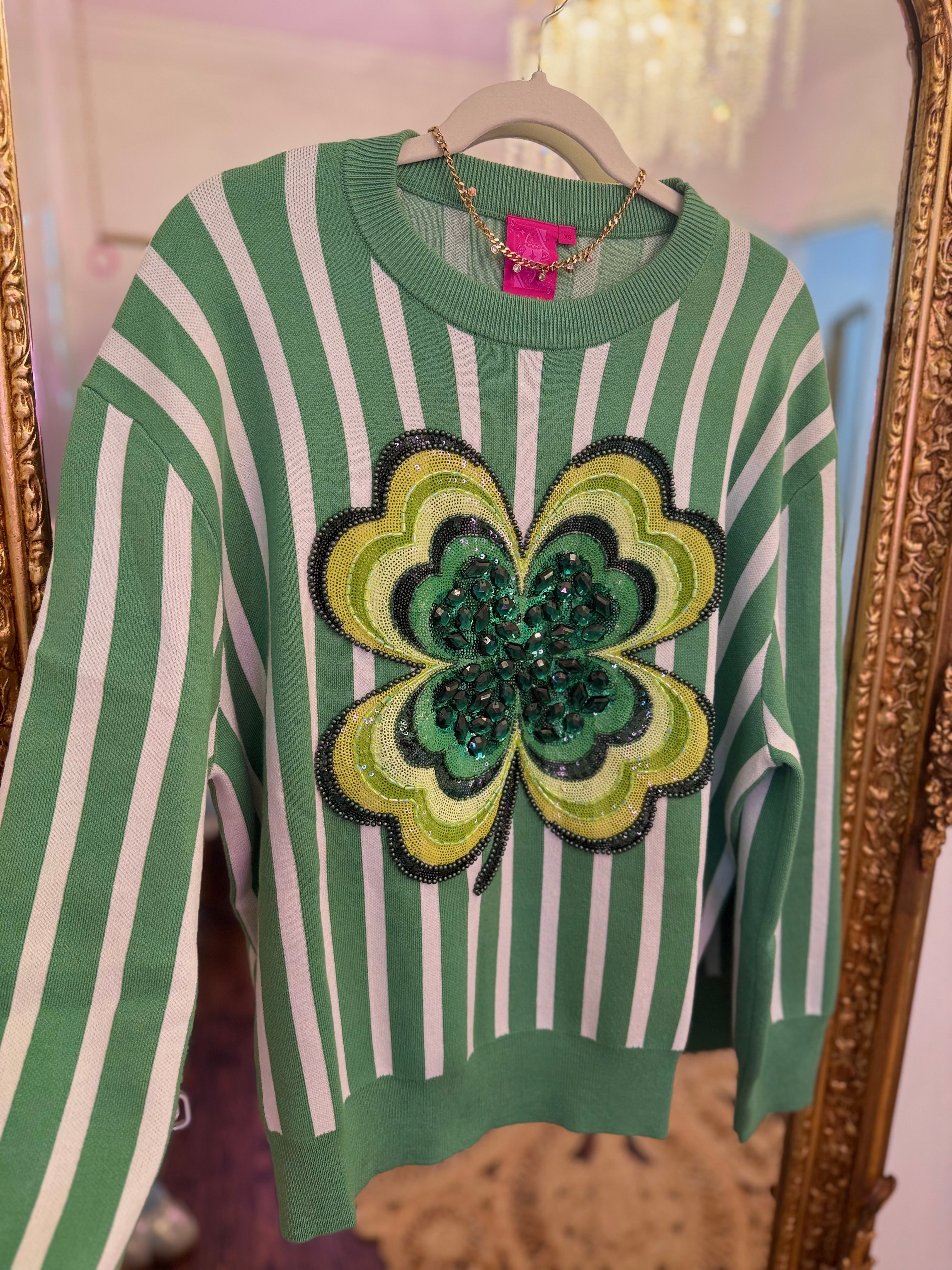 Green & White Stripe Shamrock Sweater | Queen of Sparkles