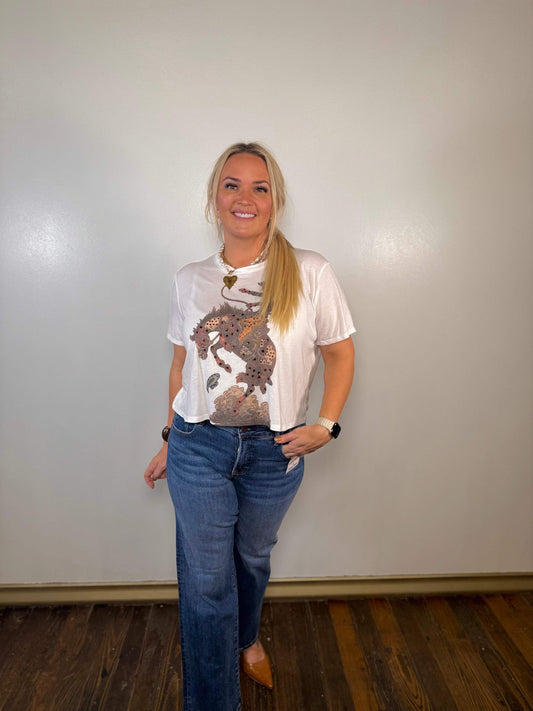 Cropped Rhinestone Studded Bronco Rider Graphic Tee