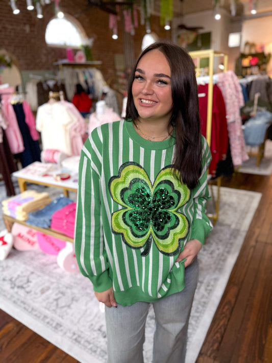Green & White Stripe Shamrock Sweater | Queen of Sparkles