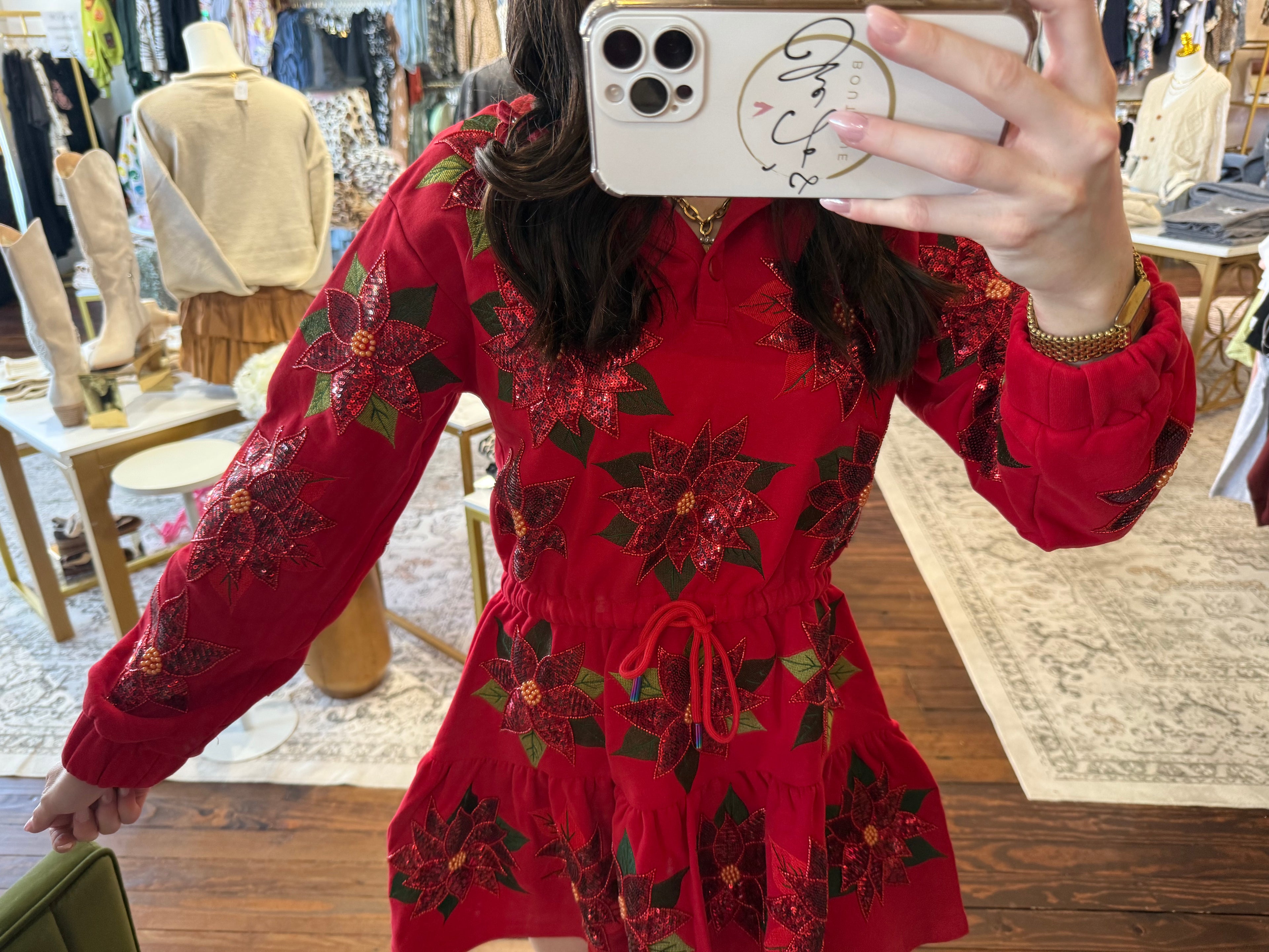 Red Poinsettia Button Up Mock Neck Tie Sweatshirt Dress | Queen Of Sparkles