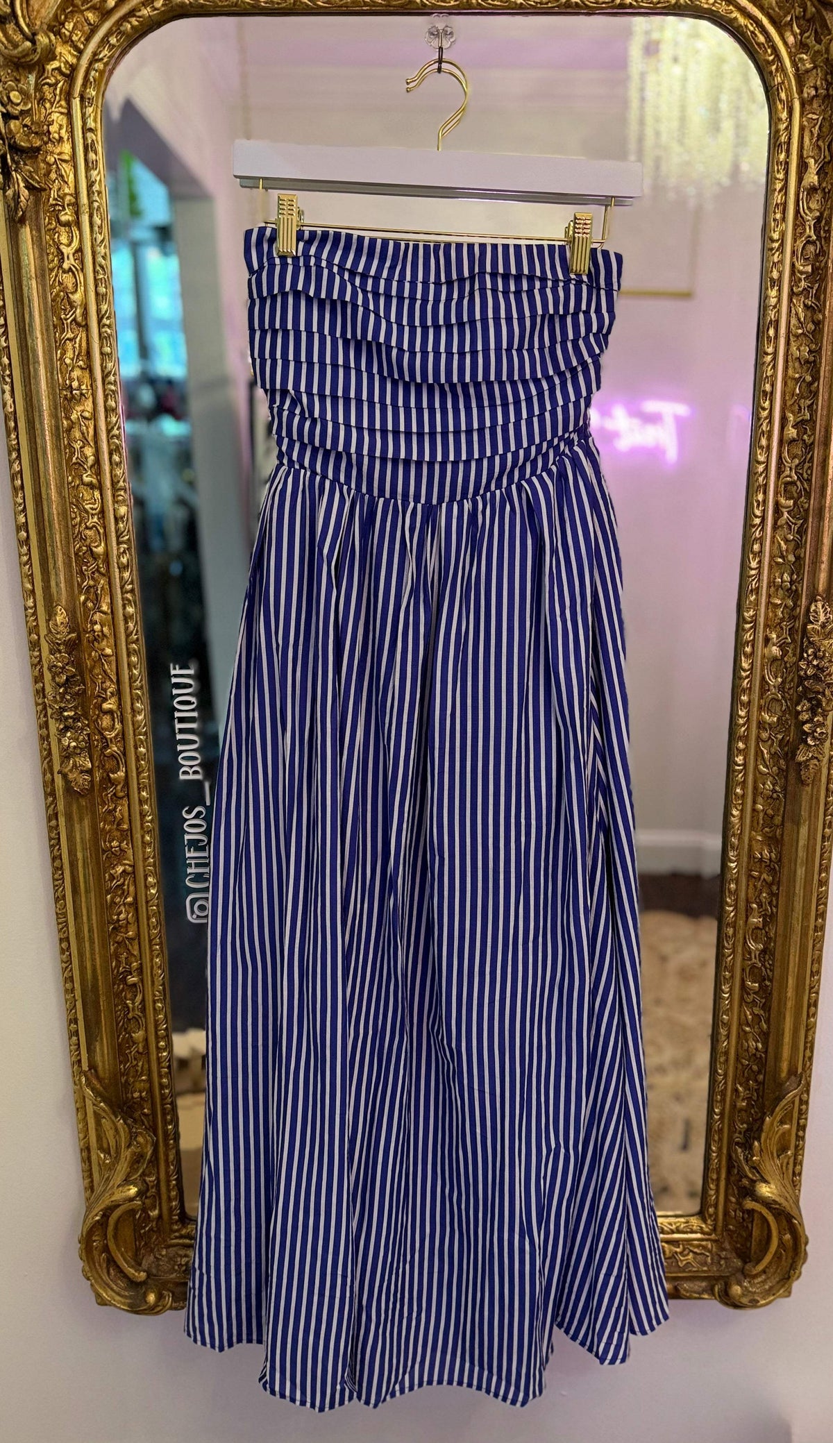 Azure Stripe Strapless Flare Maxi Dress