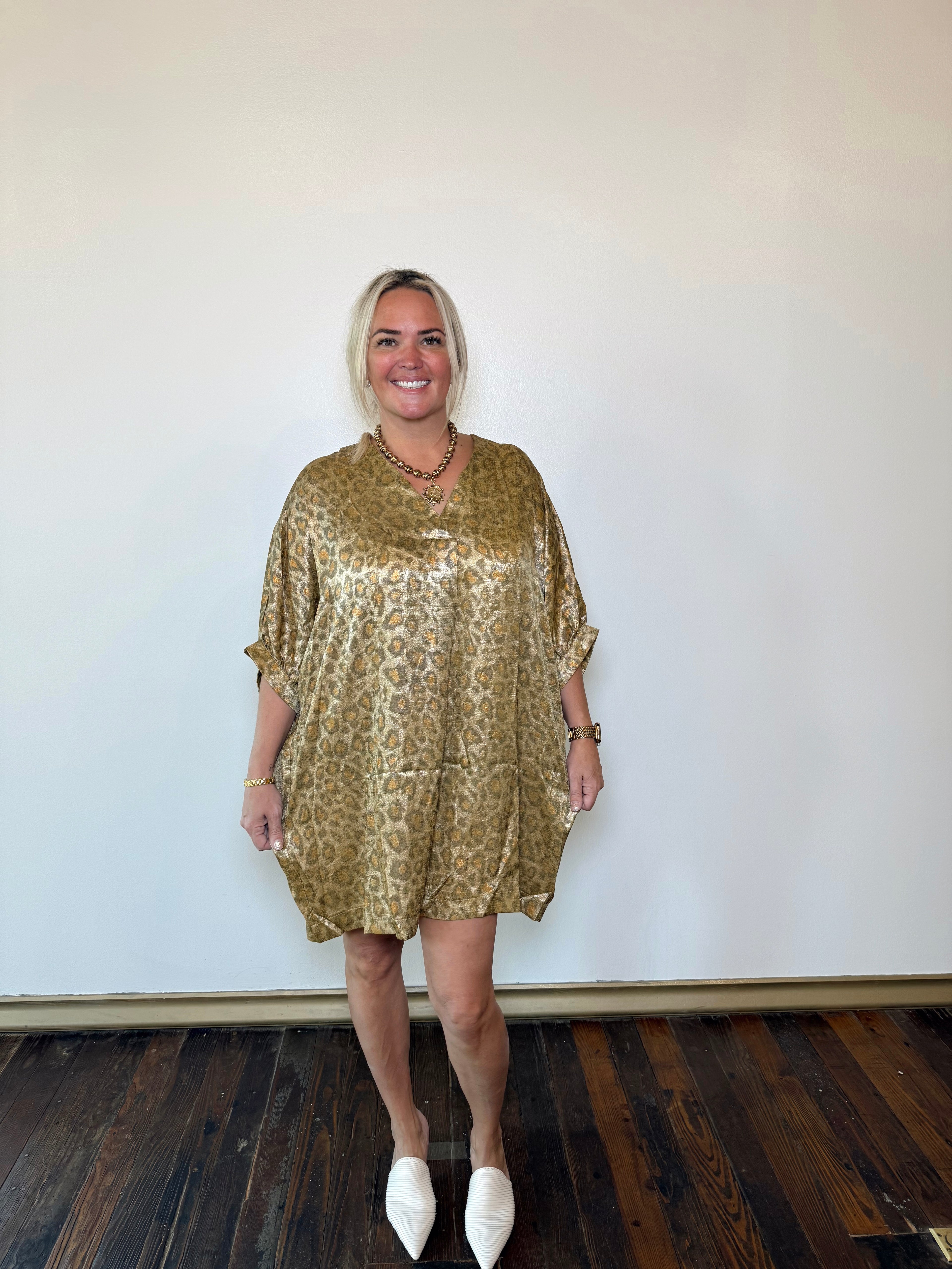 Metallic Leopard Kimono Dress Camel / Medium Metallic Leopard Kimono Dress Camel / Medium