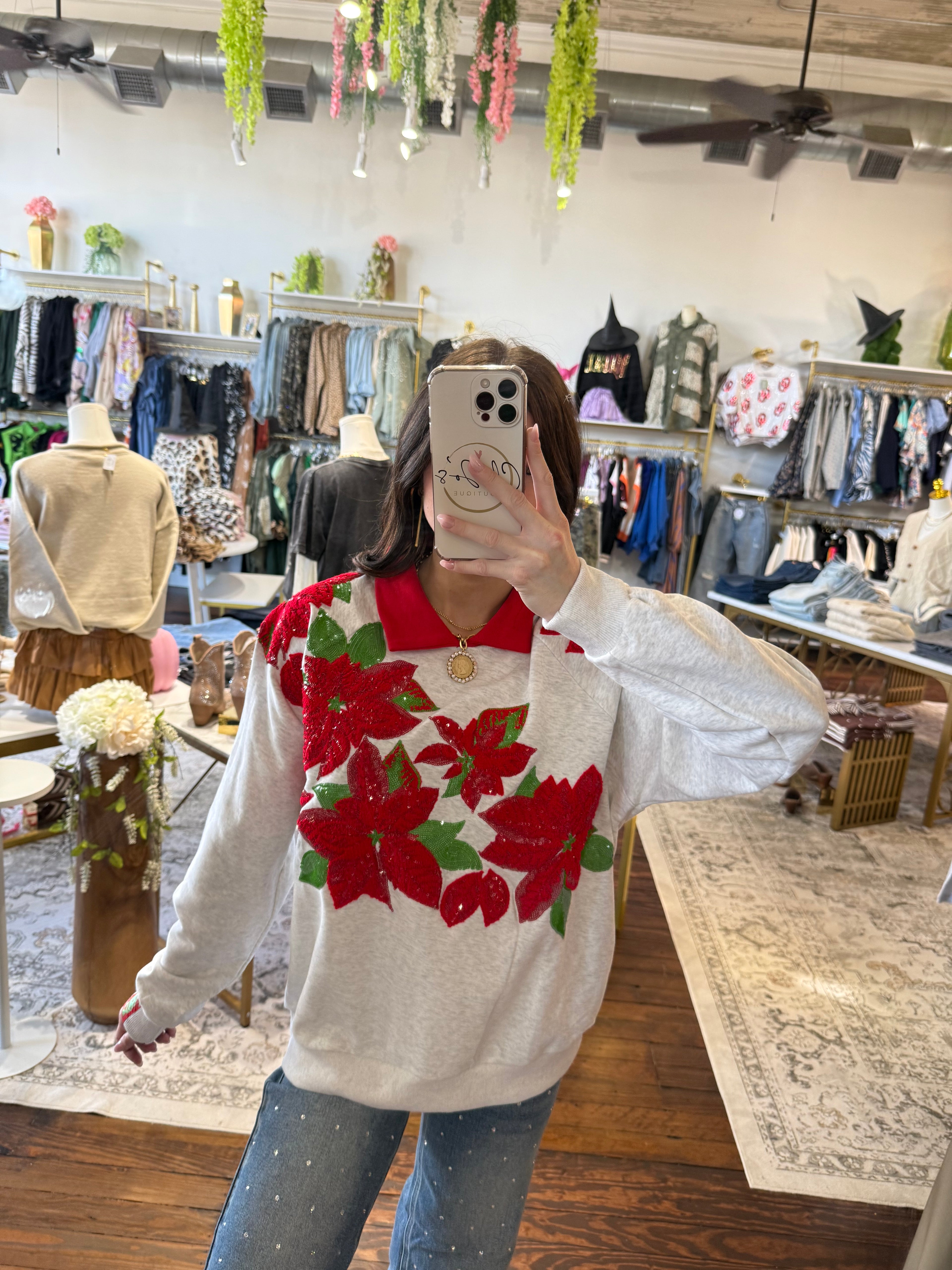 Grey & Red Collar Poinsettia Sweatshirt | Queen of Sparkles