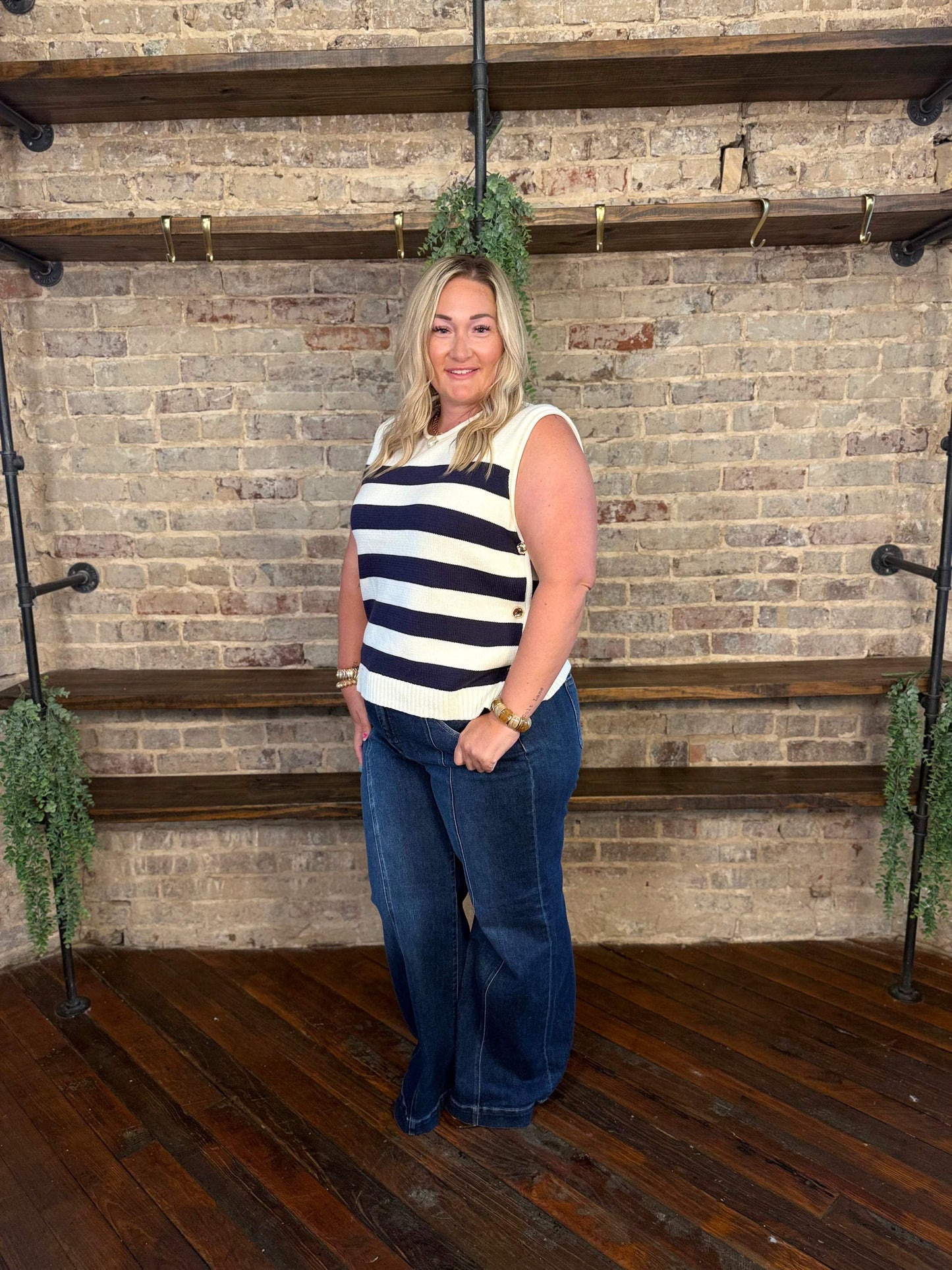 PLUS SIZE | Bella Marie Striped Button Vest