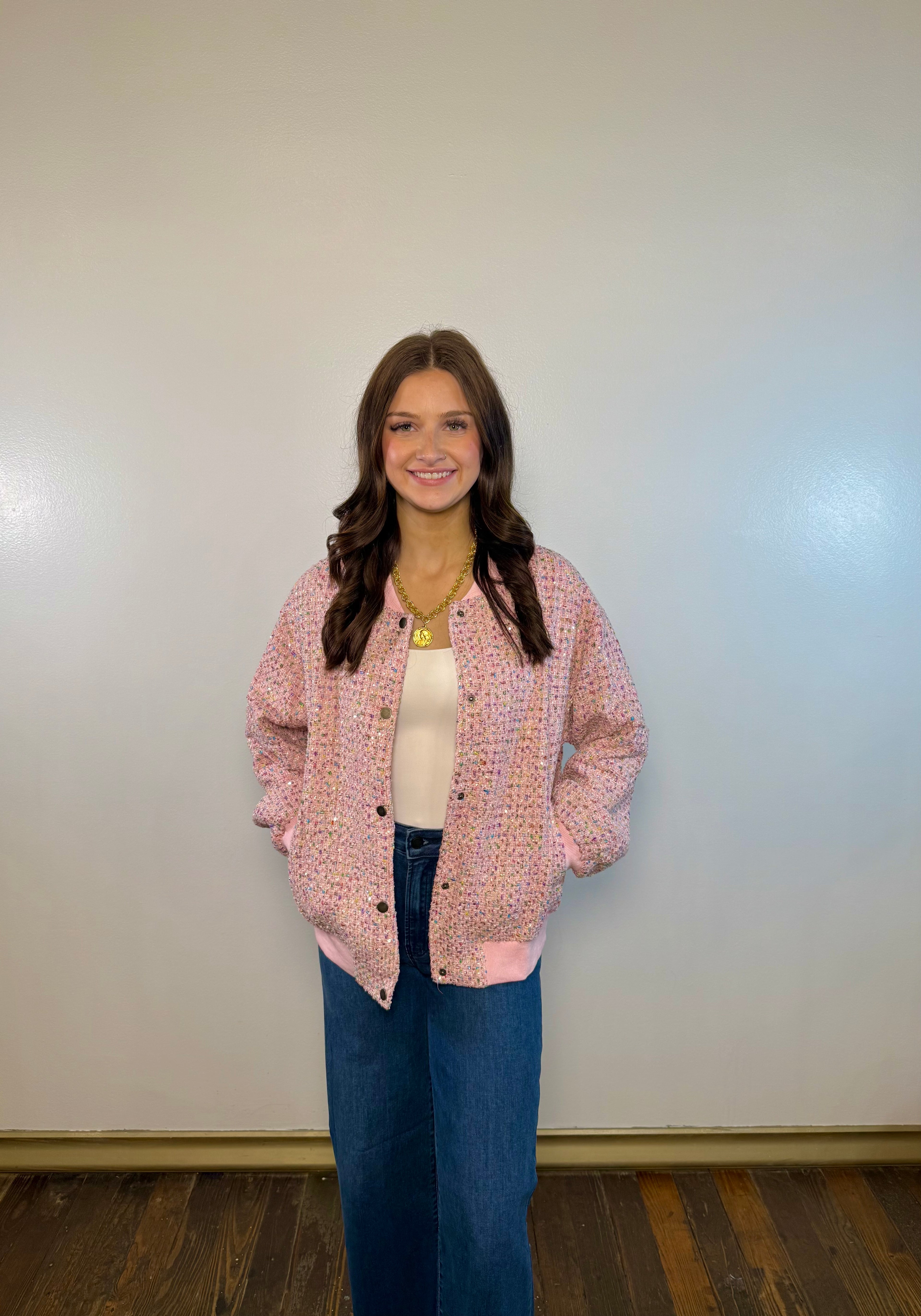Sequin Tweed Bomber Jacket